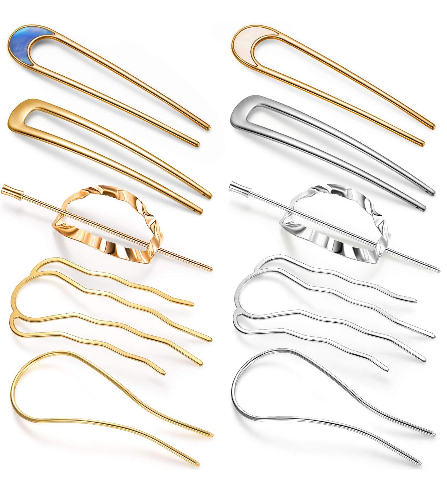 10-Pack Metal U-Shape Hair Comb Hairpins - Gold & Silver Hair Bun Updo Sticks for Women - Buy Online on GoSupps.com