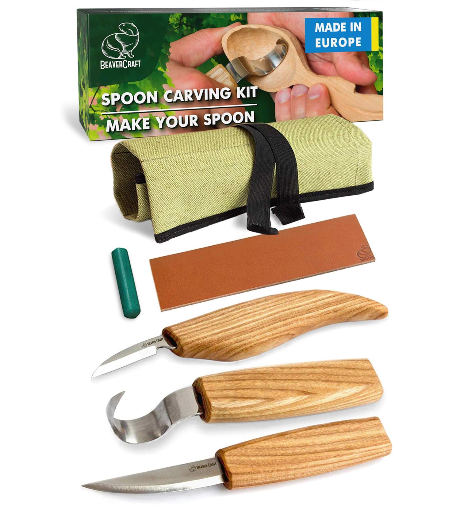 BeaverCraft S13 Spoon Carving Tools Set - 3 Knives in Leather Roll with Strop and Compound - Hook Sloyd & Detail Knife for Right-Handed Carvers - Buy Online on GoSupps.com