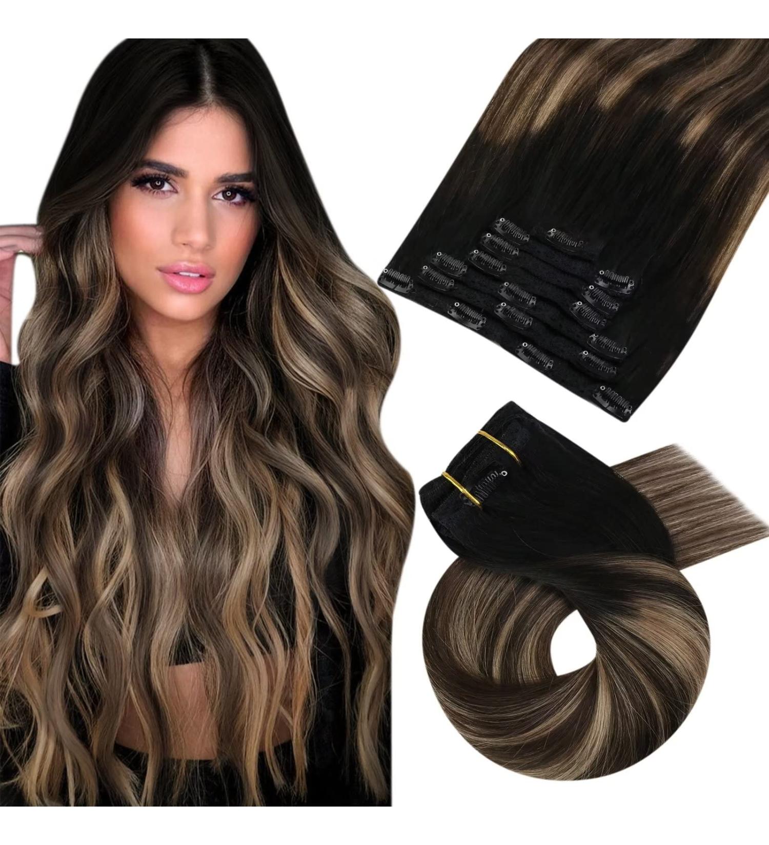 Moresoo Clip in Human Hair Extensions 16 Balayage Black to Dark Brown with Golden Blonde - 7pcs/120g - Buy Online on GoSupps.com
