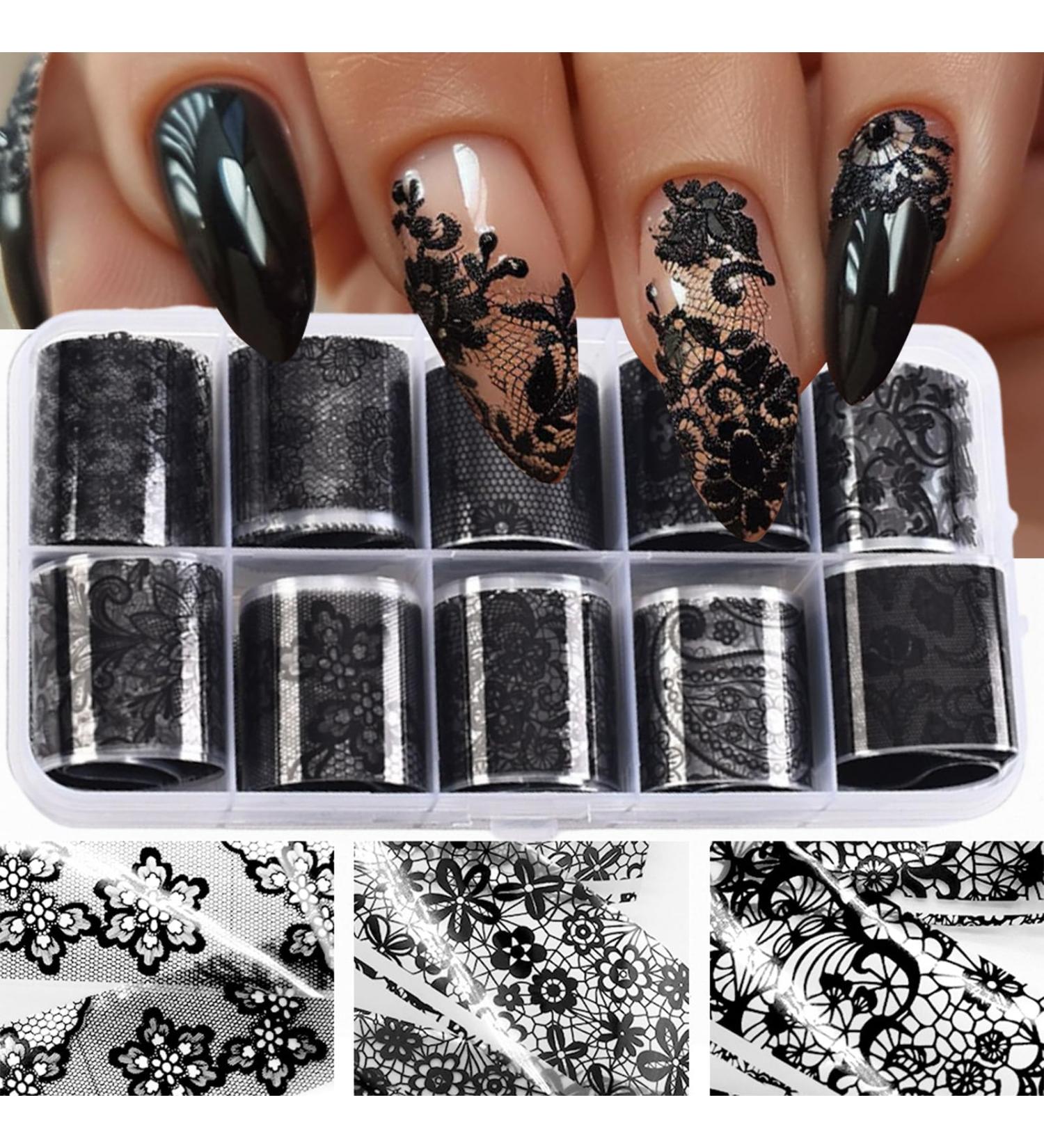 10 Rolls Retro Holographic Nail Foil Transfer Stickers - Black Lace Laser Foils for Nail Art | Starry Paper Designs & Floral Wraps - Buy Online on GoSupps.com