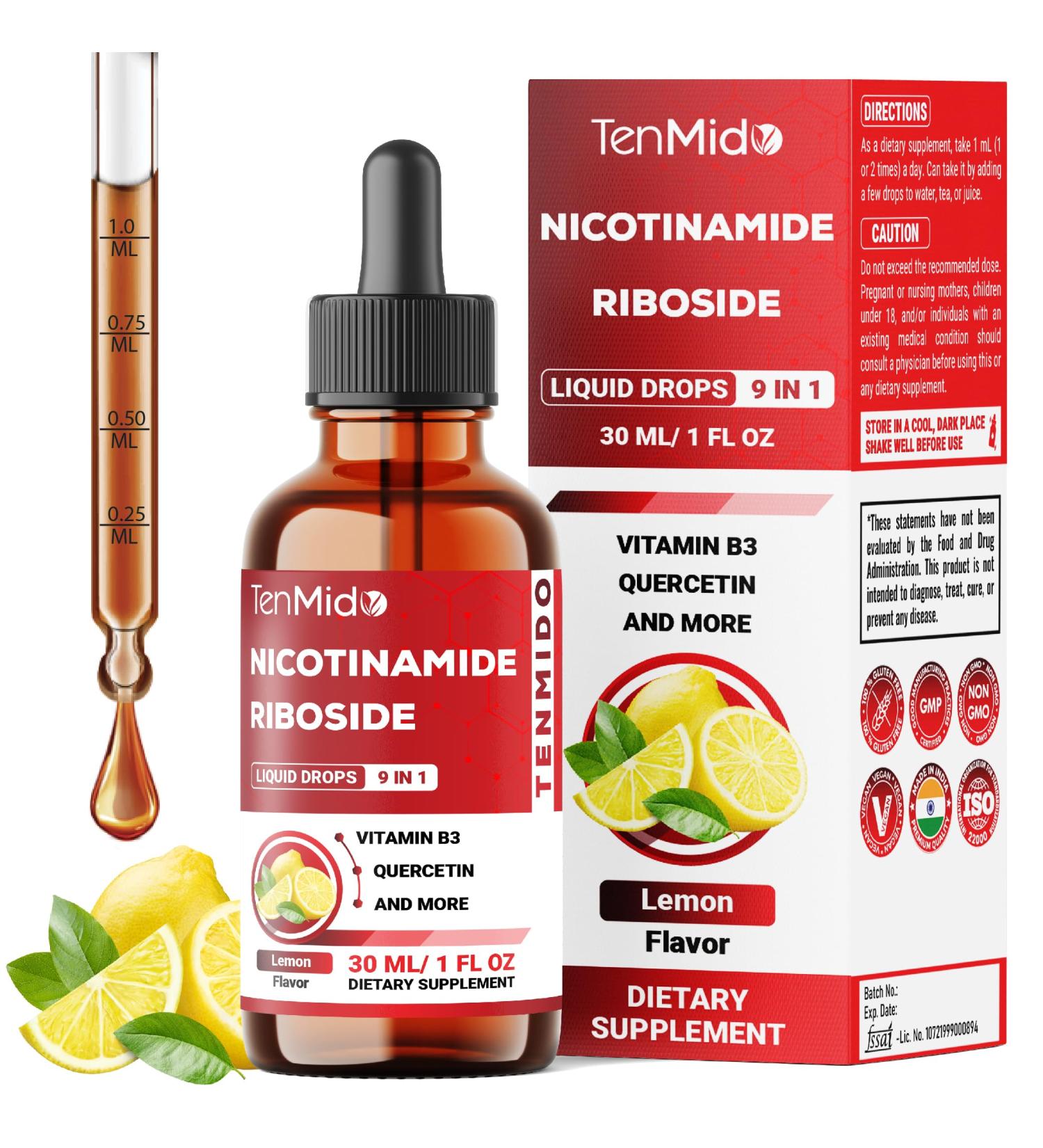 Tenmido NAD+ Supplement Liquid Drops - 9in1 with Nicotinamide Riboside Resveratrol Quercetin TMG Trimethylglycine Fisetin Co Q10 PQQ and Black Pepper - 30ml 1 Fl Oz - Buy Online on GoSupps.com