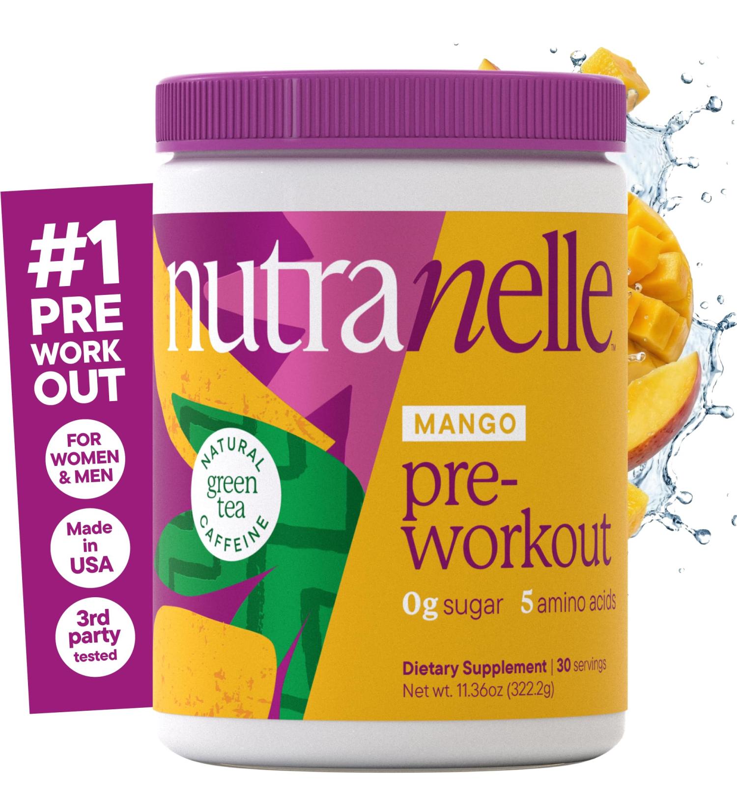 Nutranelle Natural Mango Green Tea -11.36 Oz Sugar Free Pre Workout Tea Sports Nutrition Pre Workout for Men and Women - Amino Energy & 200 mg Natural Caffeine - Made in USA - Buy Online on GoSupps.com