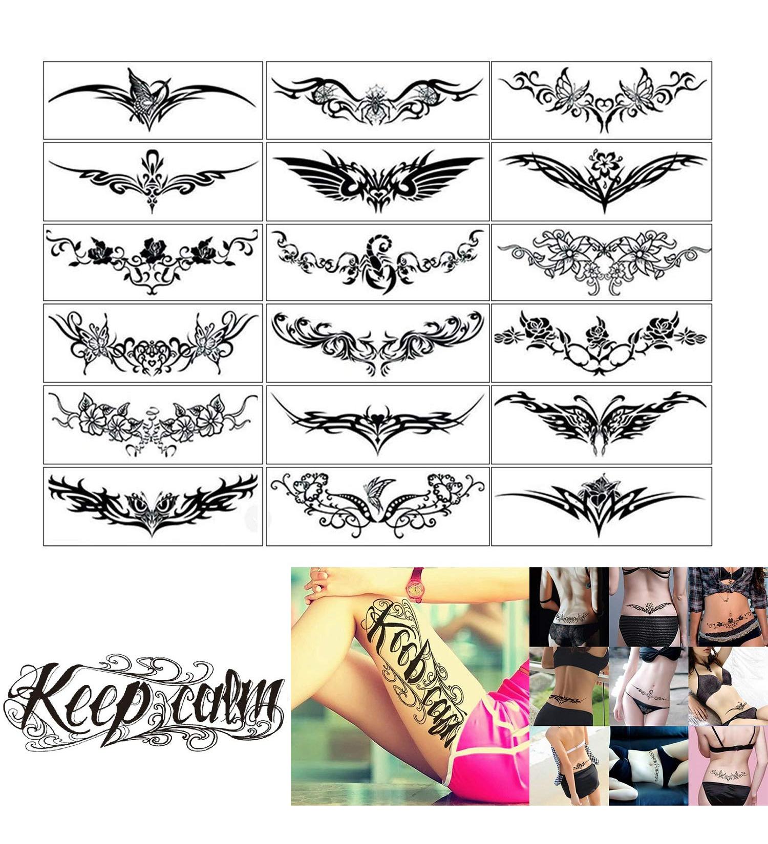 ELANE 19 Sheets Temporary Tattoo Stickers Set - 18 Body Art Fake Tattoos + 1 Calm Down Hand Neck Wrist Fashion Waterproof Removable Body Sticker - Black - Buy Online on GoSupps.com