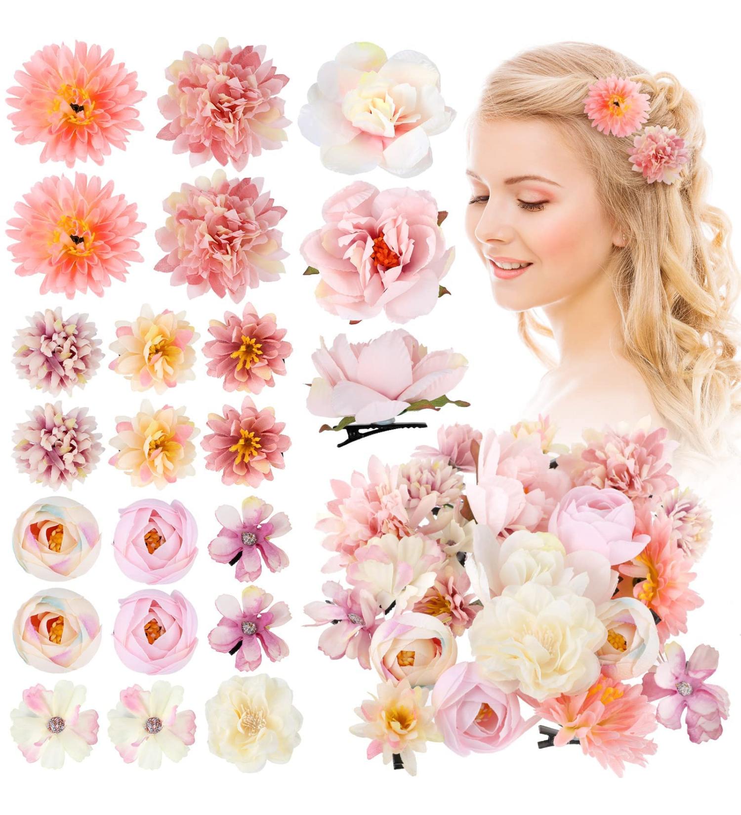BBTO 21-Piece Flower Hair Clip Set - Rose Barrettes for Women - Boho Bride Hair Accessories - Pink & White Floral Hairpins for Girls Wedding - Buy Online on GoSupps.com