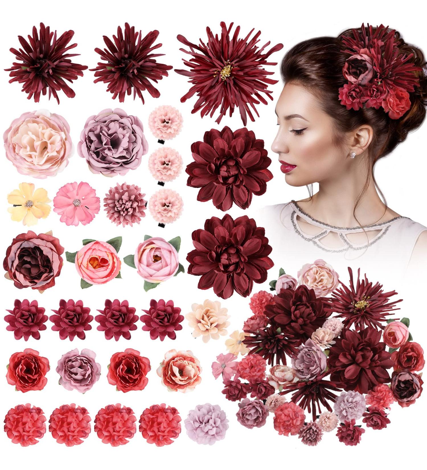 30 Pcs Multicolor Flower Hair Clips for Women - Perfect Hair Accessories for Beach Parties, Weddings & Events - Red Tone Floral Hair Clip Gifts - Buy Online on GoSupps.com
