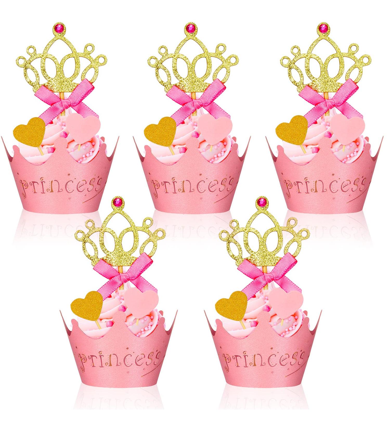 72 Pieces Glittery Princess Cupcake Toppers Crown Cupcake Wrapper Holder Pink Gold Crown Tiara Cupcake Pick Glitter Heart Cupcake Topper Baby Shower Cupcake Decoration for Birthday Wedding Party Decor - Buy Online on GoSupps.com