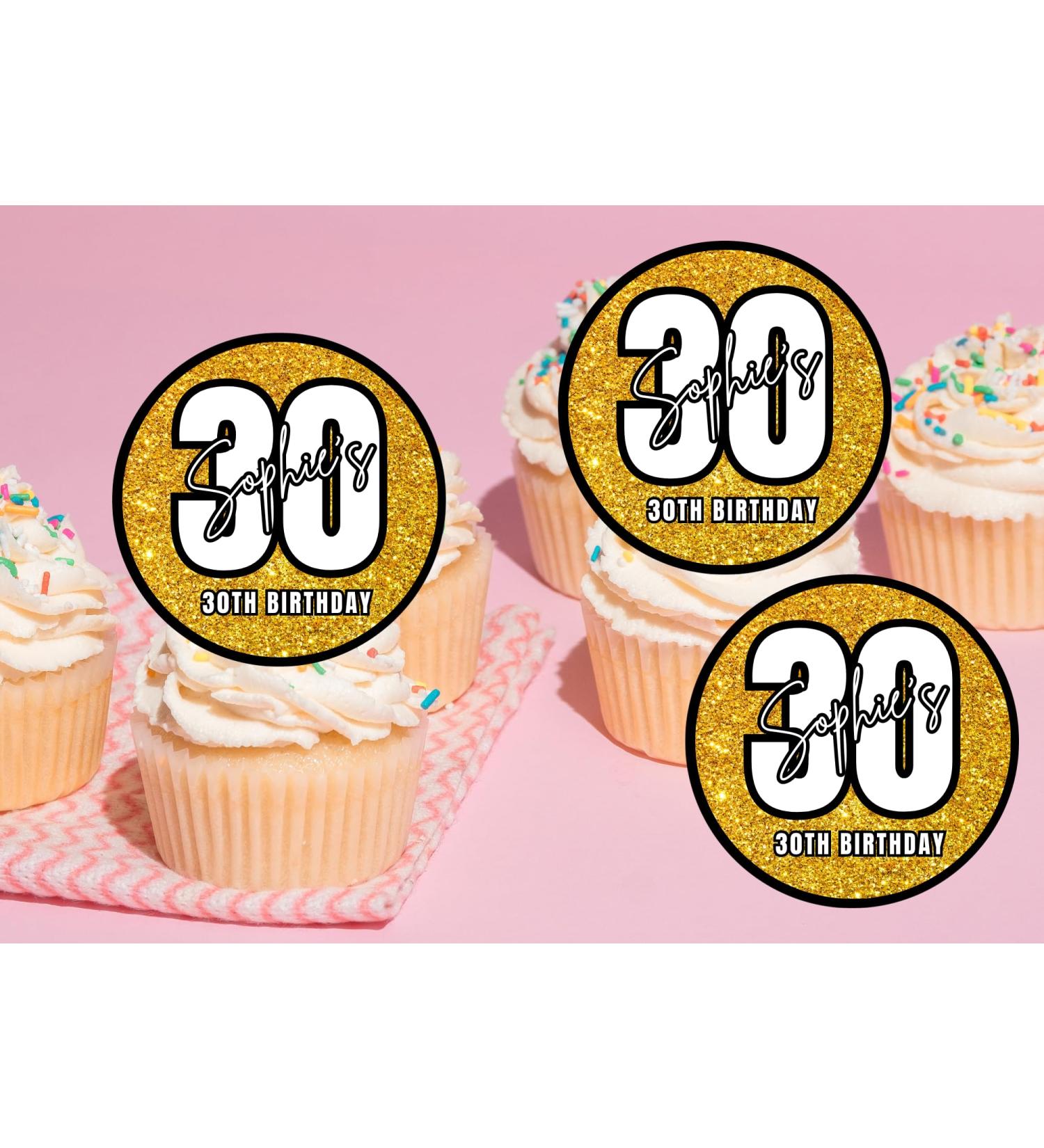 edible 20 x ANY AGE Birthday GOLD cupcake toppers PERSONALISED uncut - 16th/18th/21st/30th/40th/50th/60th 70th/80th (icing paper)