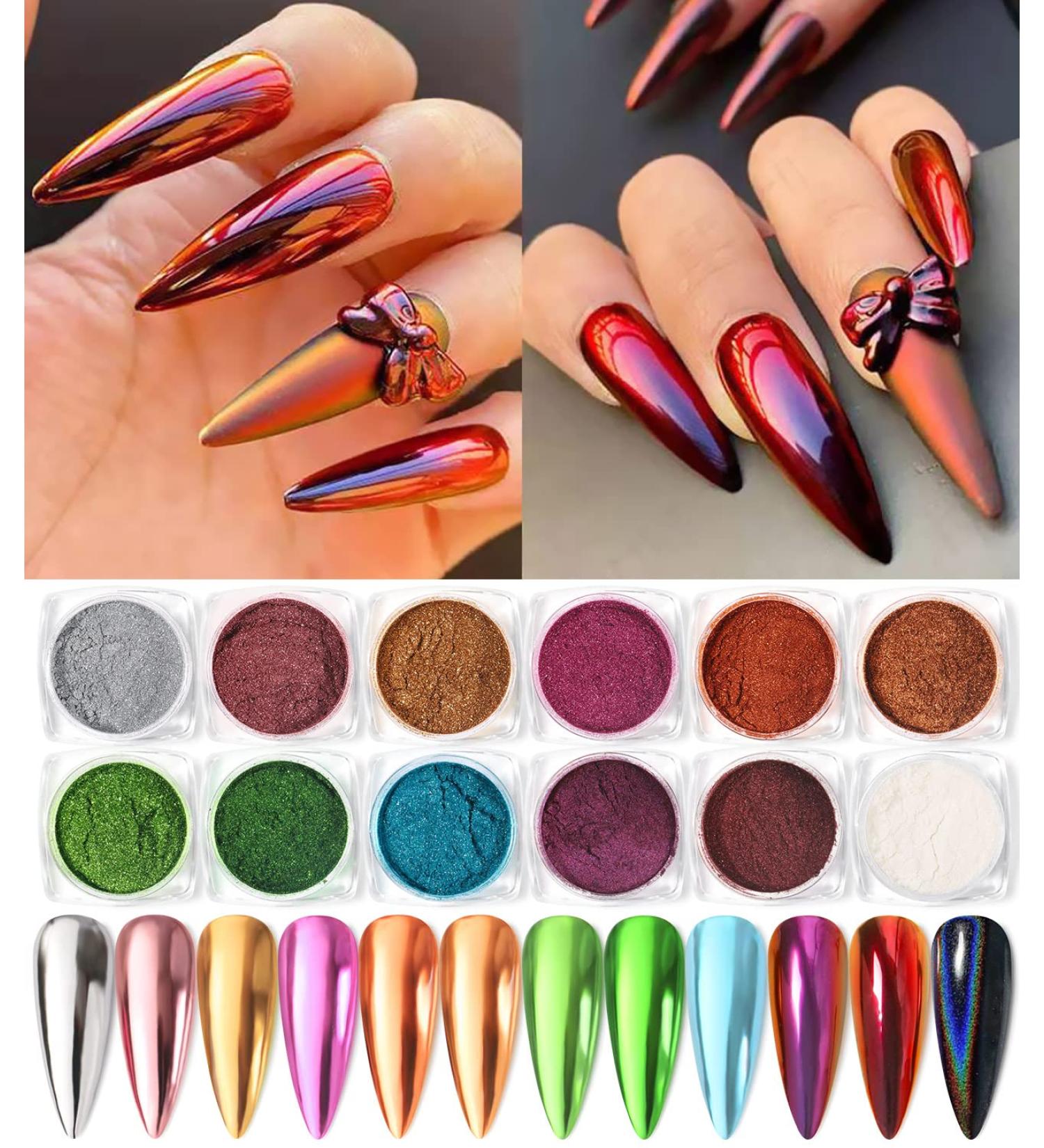 Chameleon Nail Chrome Powder Set - 12 Colors (Rose Gold, Purple) | High Gloss Reflective Effect Glitter Metallic Pigment | Includes 12 Eye Shadow Brushes - Buy Online on GoSupps.com