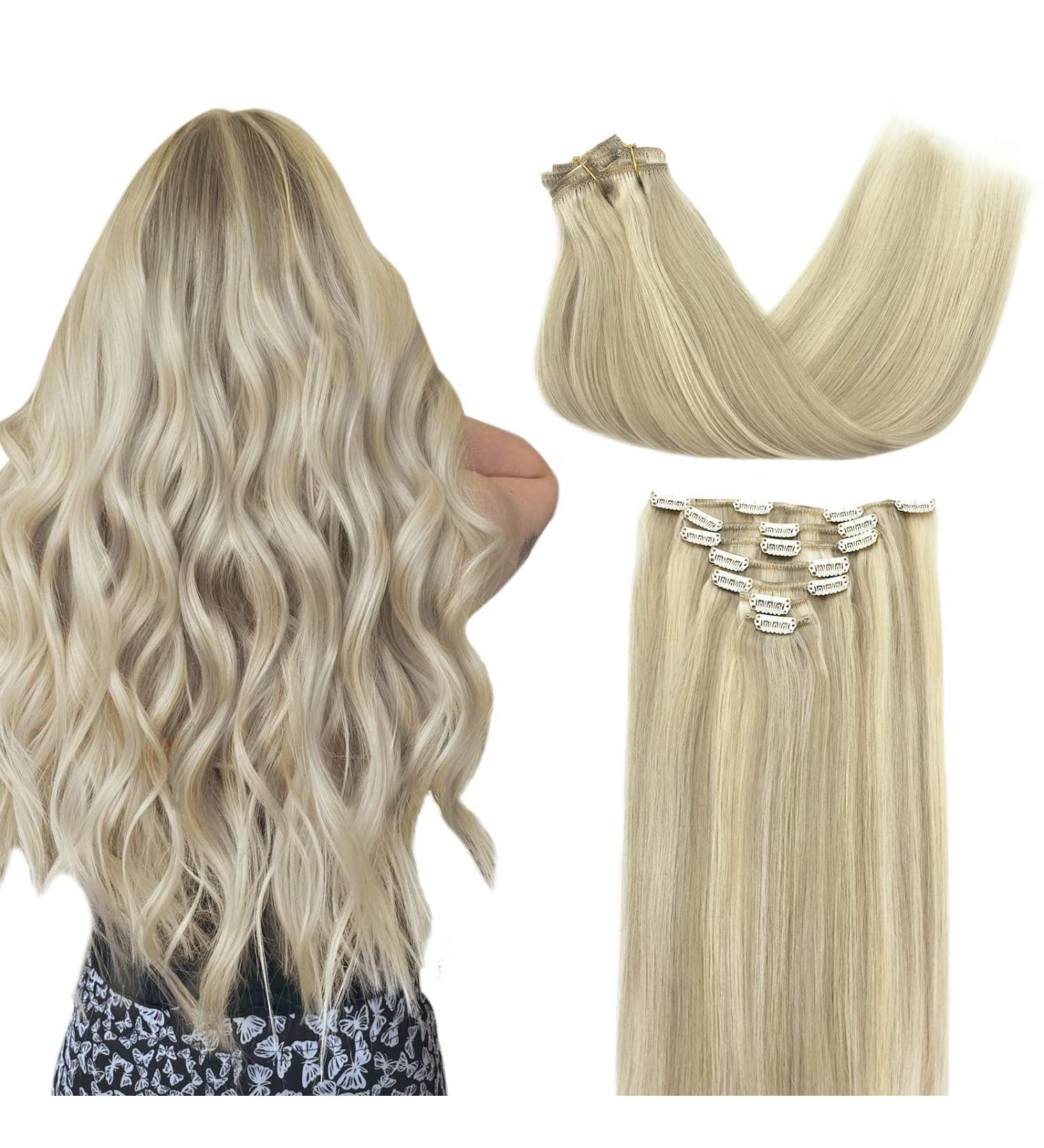 Doores Clip-in Real Hair Extensions 22 Inch - Ashblond Highlights & Platinum Blonde - 120g Remy Hair - 7 Pieces 55cm - Buy Online on GoSupps.com