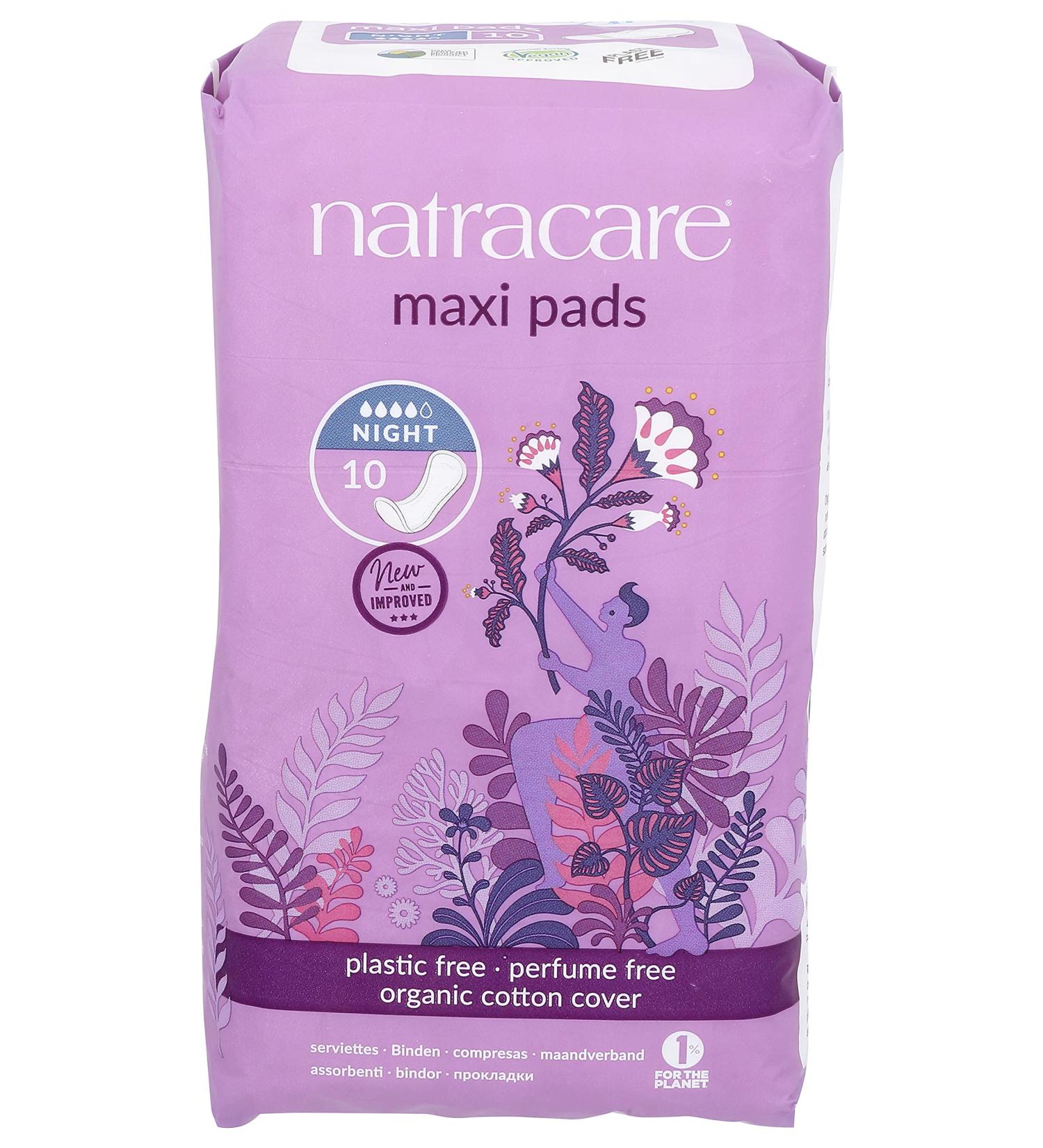 Natracare Natural Night Time Maxi Pads - 10 Individually Wrapped Traditional Style Pads in Plant-Based Bag - Buy Online on GoSupps.com