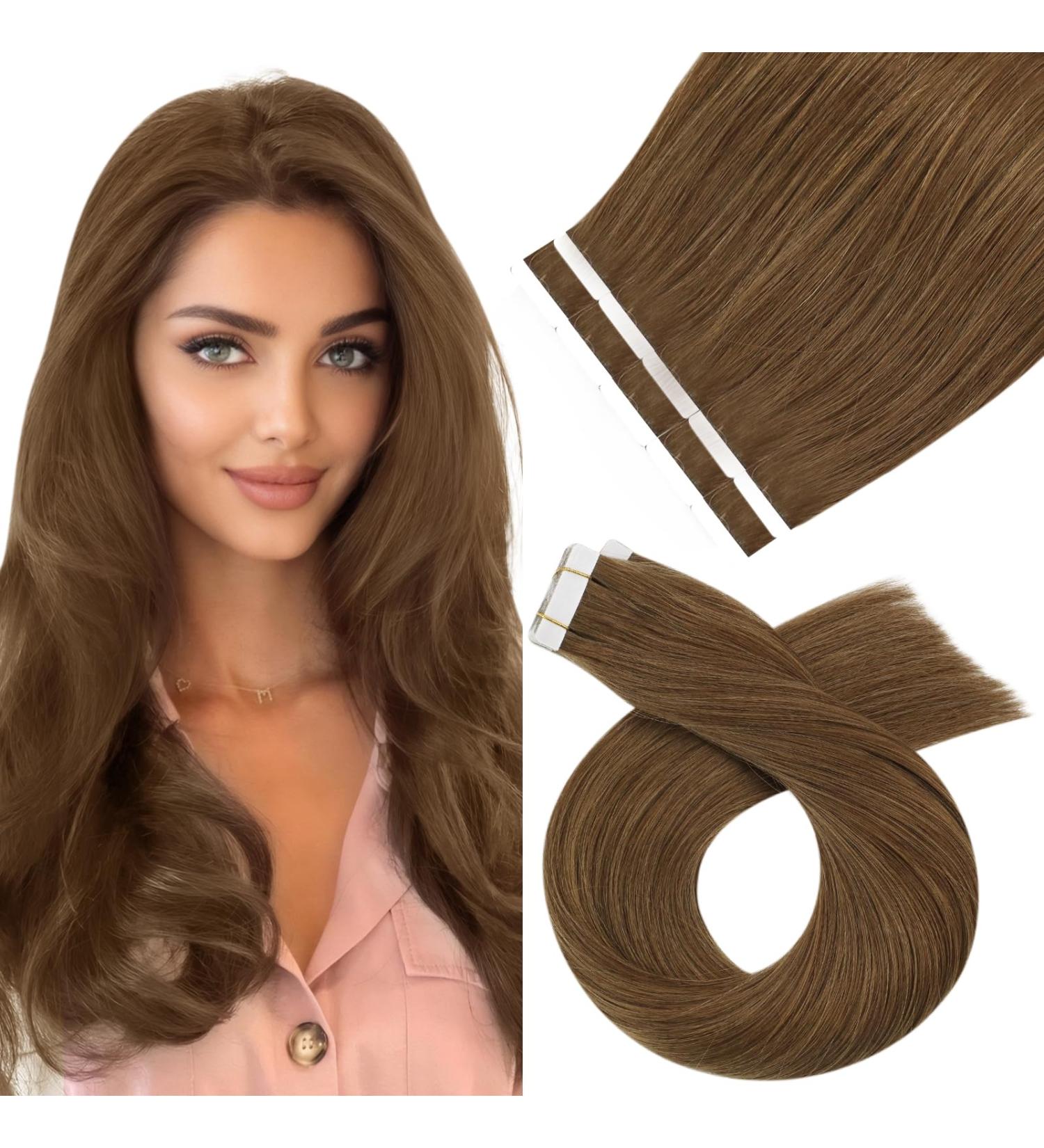 Moresoo Tape In Extensions Real Hair - Brown #8 50cm Remy Thick 10 Pieces 25g - Premium Tape Hair Extensions - Buy Online on GoSupps.com