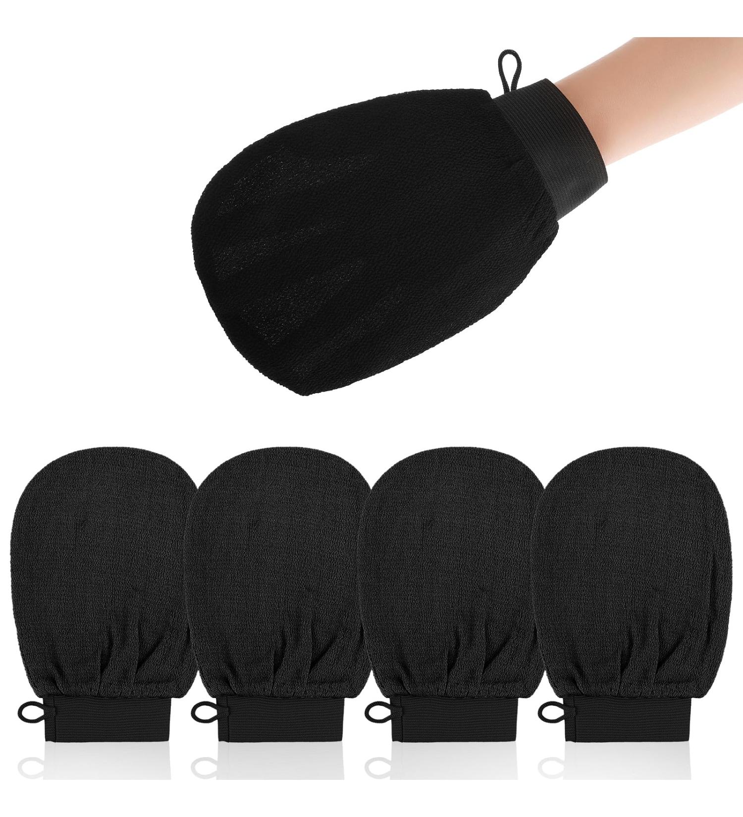 Wllhyf Peeling Gloves - 4 Pack Exfoliating Body & Face Scrub for Dead Skin Removal | Hammam Spa Gloves for Ingrown Hair (Black) - Buy Online on GoSupps.com