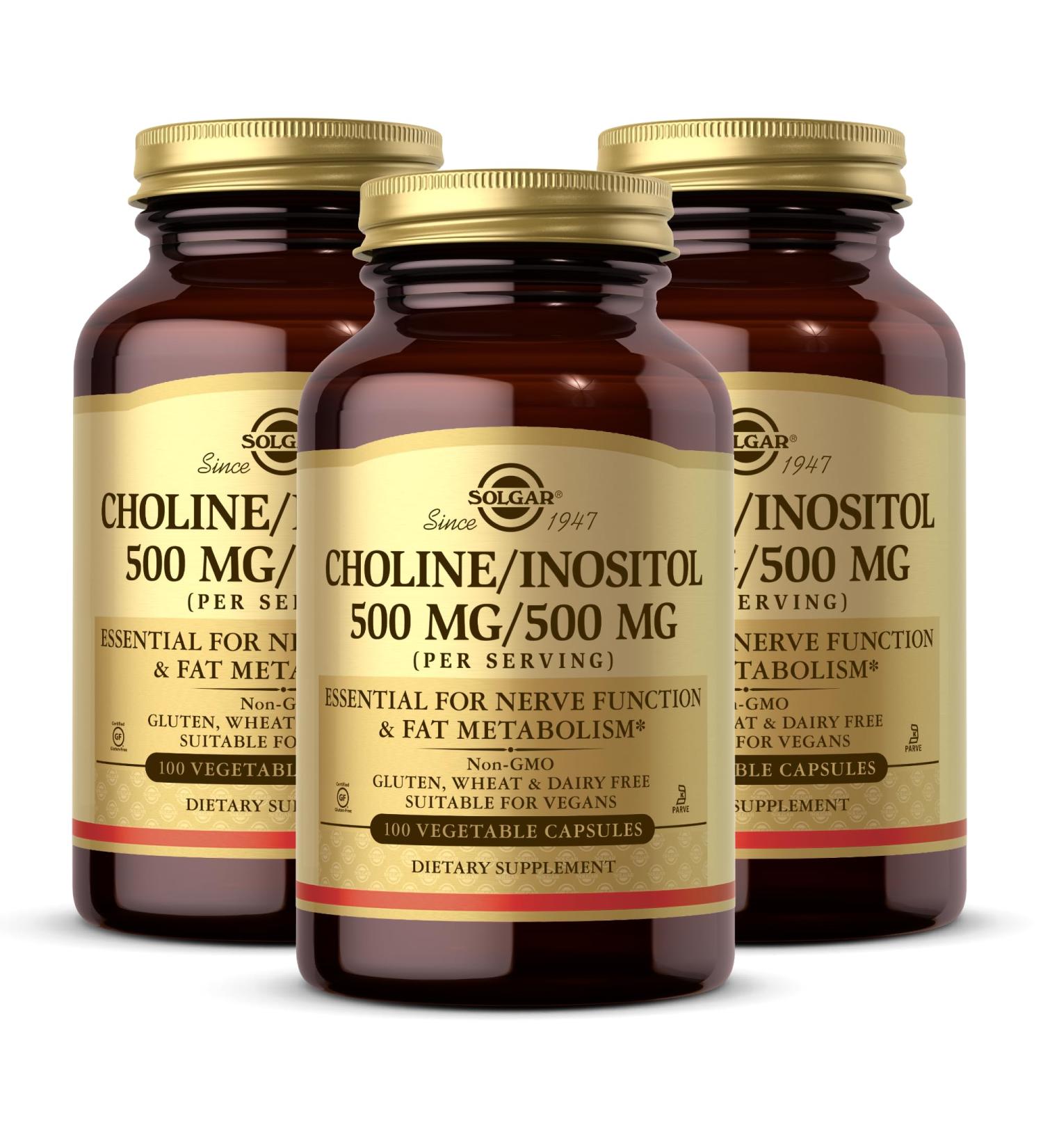 Solgar Choline/Inositol 500 mg/500 mg 100 Vegetable Capsules (Pack of 3) - Energy Metabolism Liver Health Essential for Brain & Nerve Function - Non-GMO Vegan Kosher - 150 Total Servings - Buy Online on GoSupps.com