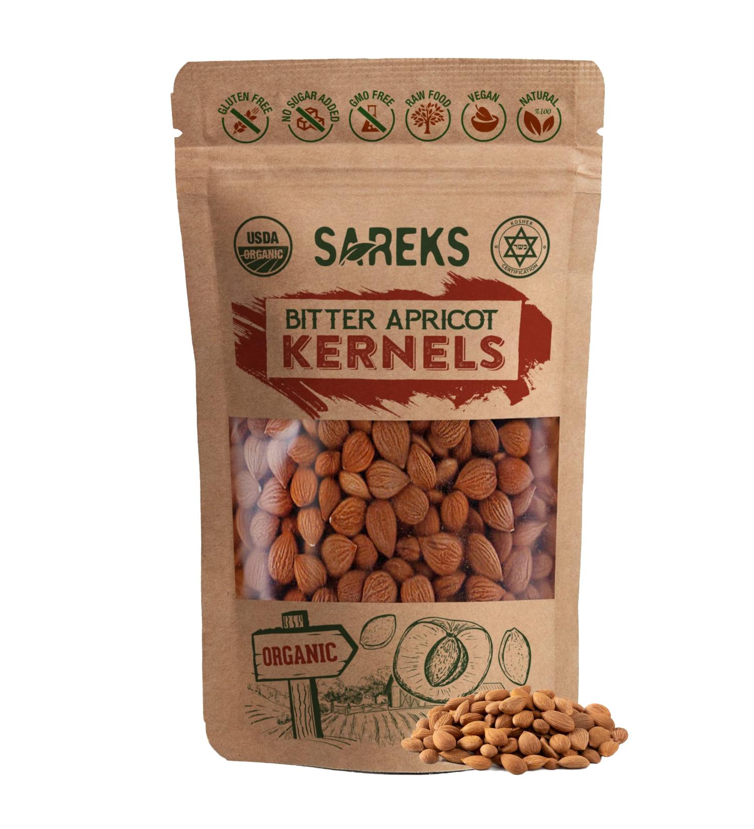 Sareks Organic Raw Bitter Apricot Seeds - 10oz Resealable Bag | USDA Certified, Non-GMO, Raw, Kosher, Vegan, Gluten-Free - Buy Online on GoSupps.com