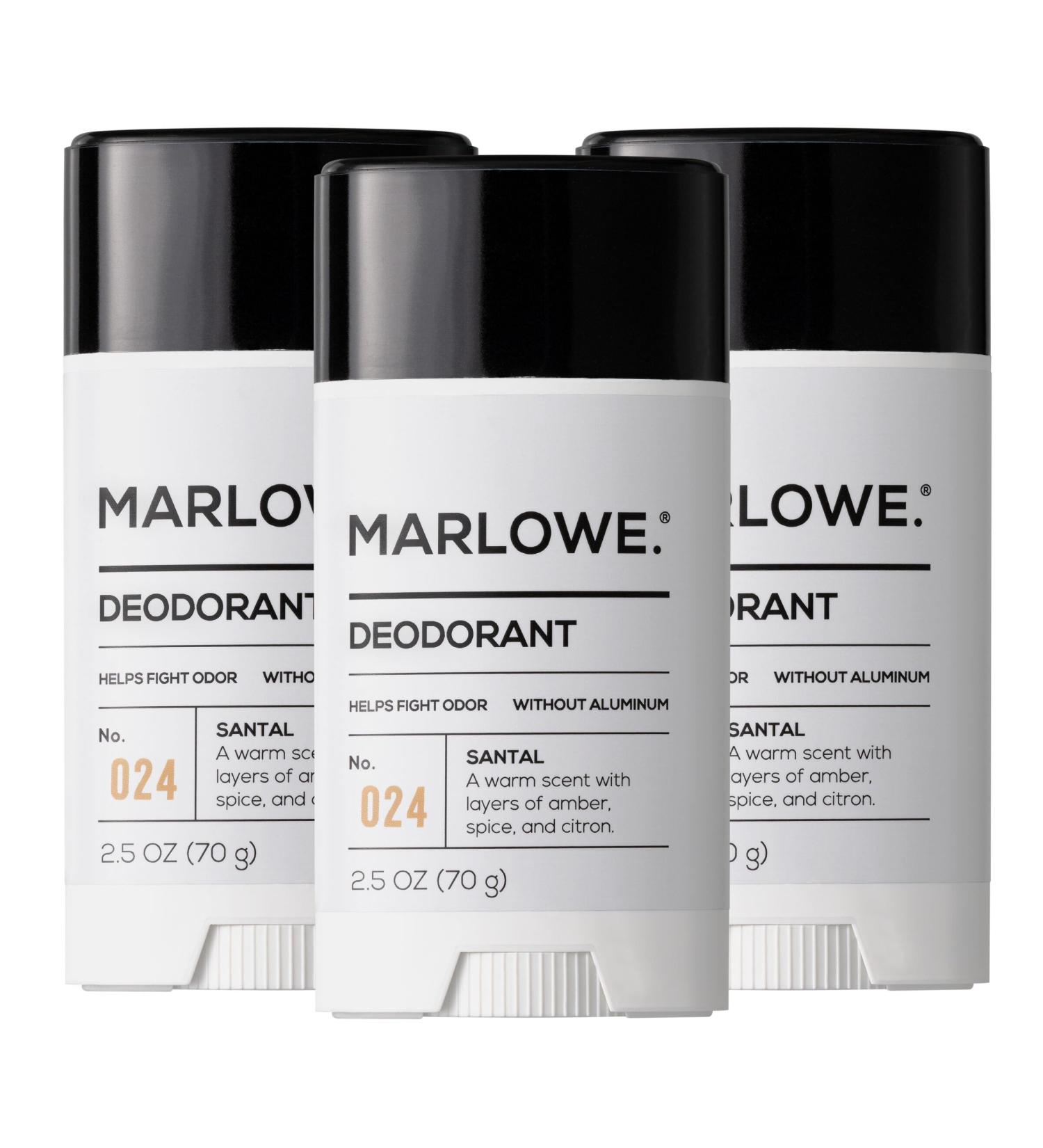 MARLOWE. No.024 Mens Santal Deodorant 2.5 oz (3pack) Natural Deodorant for Men Aluminum Free Stick Made with Coconut Oil Shea Butter & Jojoba Warm Amber Sandalwood & Citron Scent Santal 3pack