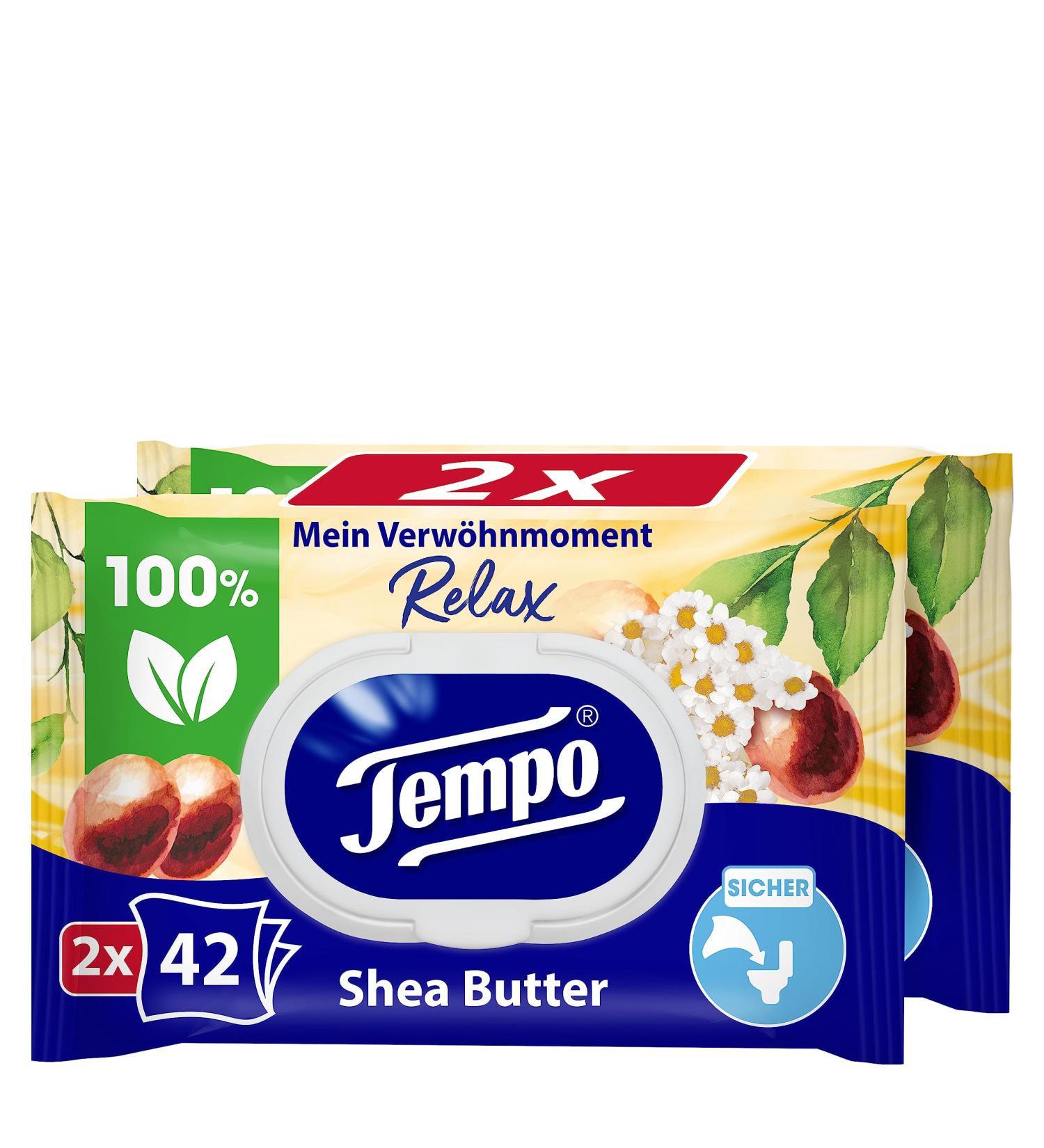 Tempo moist toilet wipes My pampering moment: Avocado and Shea butter duo pack 2x 42 towels 200 g cucumber chamomile shea butter 84 pieces (1 Pack)