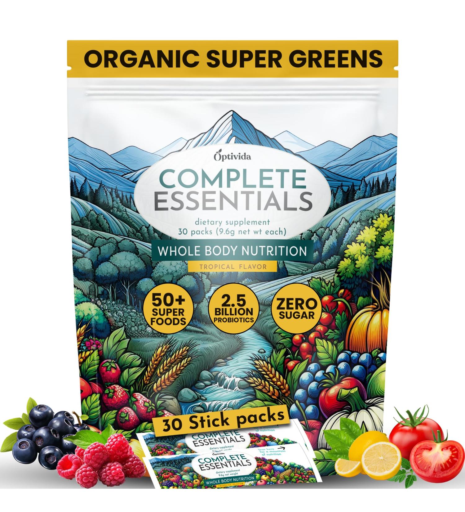 OPTIVIDA Fruits & Veggie Mix Super Greens Powder Packets (30 Days)- 50+ Superfood Green Juice Powder & Greens Supplements W/Probiotic, Antioxident, Digestive Enzymes & Adaptagen Blends for Gut Health 30 Servings (Pack of 30) - Buy Online on GoSupps.com