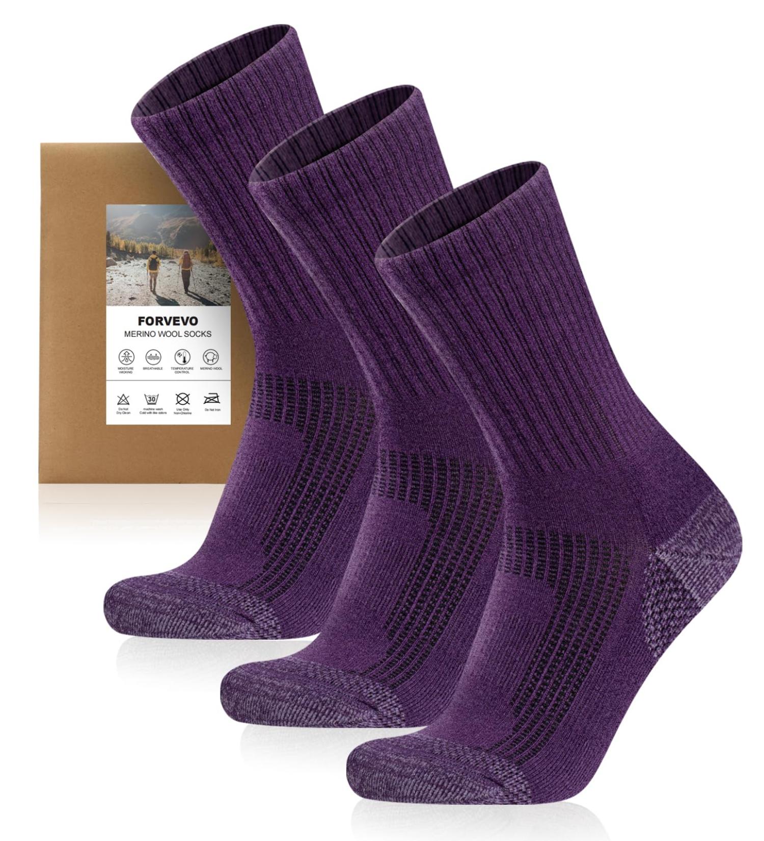 Forvo Merino Hiking Socks for Men & Women - 3 Pairs of Thermal Winter Sports Socks (60% Wool) - Perfect for Trekking & Outdoor Activities (Sizes 39-42 Purple) - Buy Online on GoSupps.com