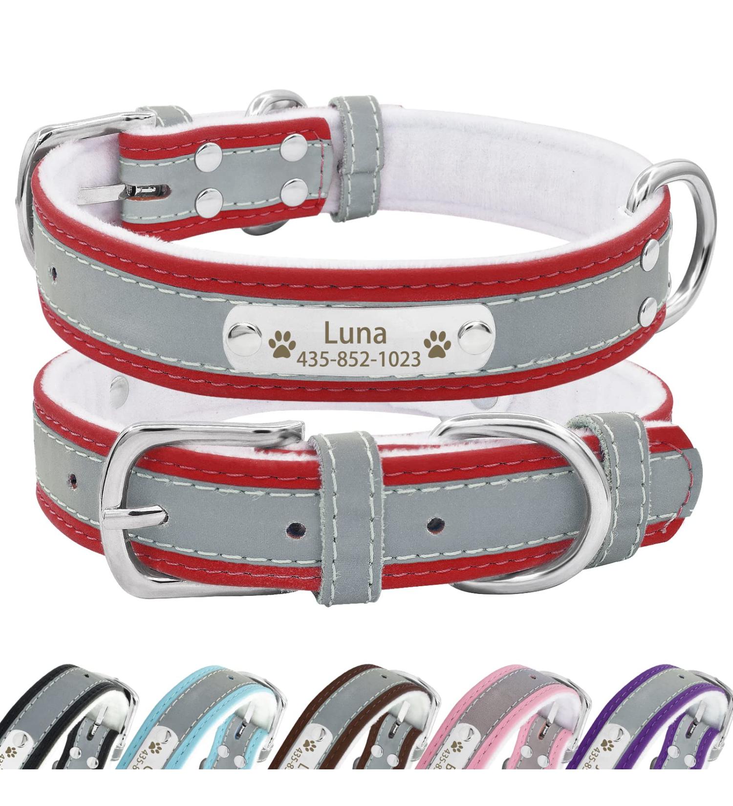 Personalized Reflective Leather Dog Collar - Engraved Name Tape for Small Medium Large Dogs & Cats - Senristar Red 3.0 cm Width Neck 45-55 cm - Buy Online on GoSupps.com