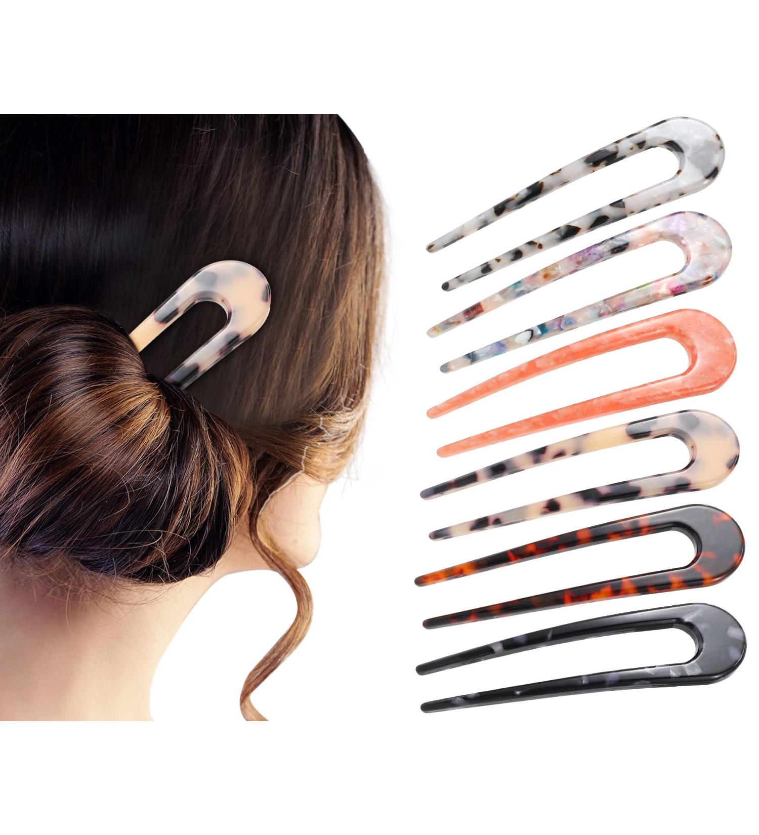 French Style U Shaped Hair Pins - 6 Pieces | Cellulose Acetate Tortoise Shell Hair Fork Sticks for Long Hair | Leopard Updo Chignon Pin Hair Accessories for Women Girls - Colorful Patterns - Buy Online on GoSupps.com