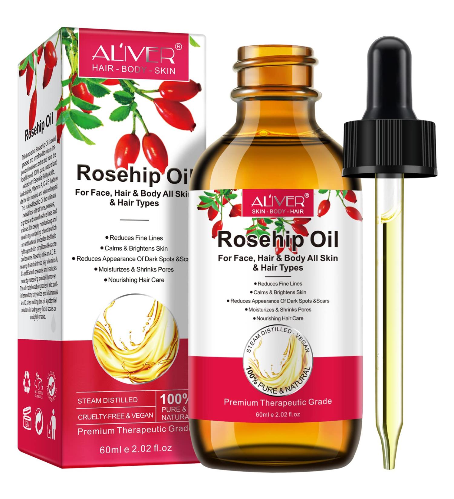 Rosehip Oil Organic Rosehip Seed Oil Anti-Aging Hydrating Nourishing & Moisturising Rose Hip Oil for Skin Hair Nails 100% Pure Cold Pressed Unrefined for All Skin & Hair Types