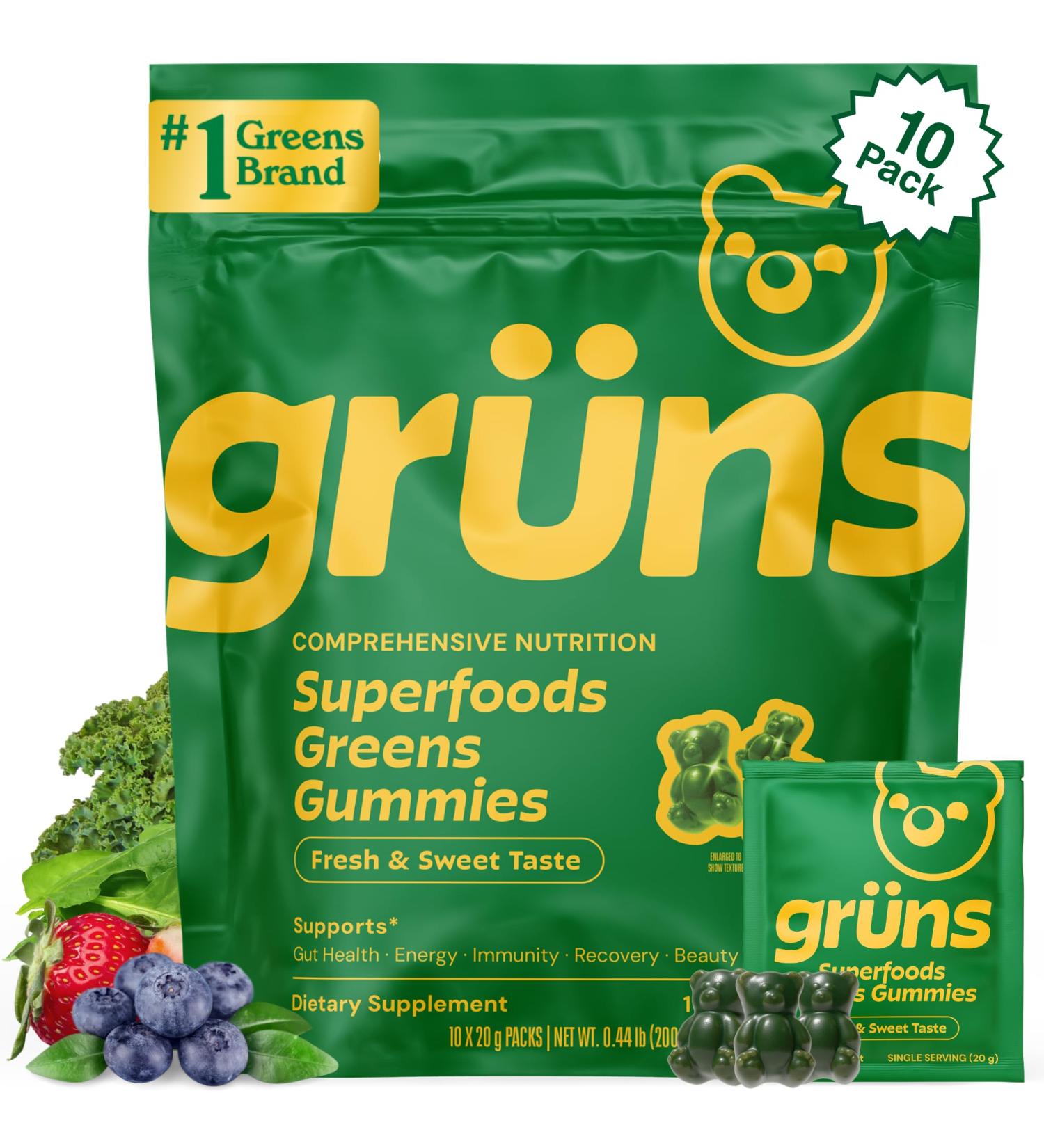 Gruns Adult Super Greens Gummies 10 Pack Superfood Gummy Bears with Spirulina Chlorella & Prebiotics for Digestive Health Adaptogens Supplement with 20 Vitamins & Minerals Low Sugar - Buy Online on GoSupps.com