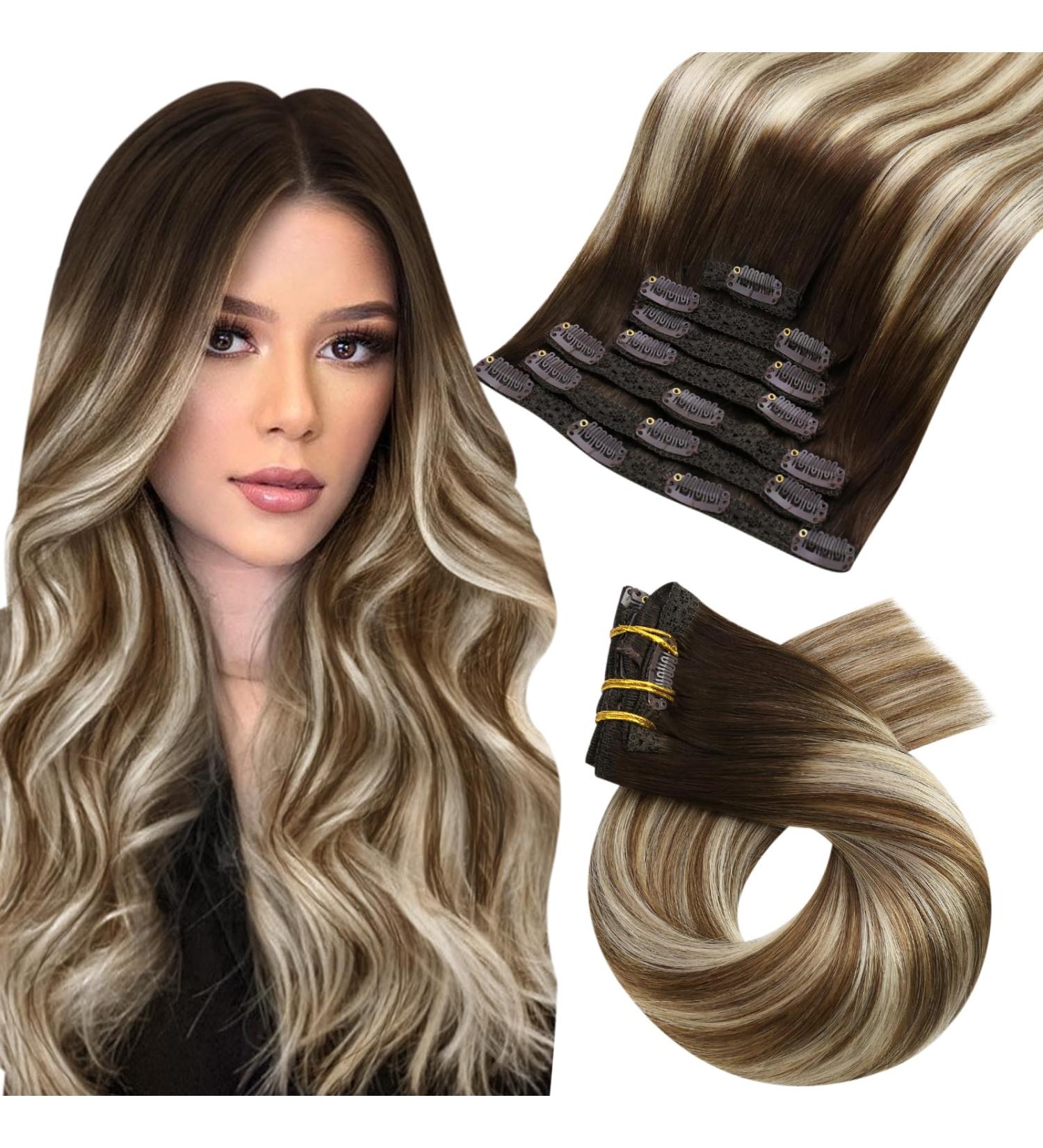 Moresoo Balayage Clip in Hair Extensions Dark Brown to Chestnut with Platinum Blonde 22 Inch 7 Pieces 120g - Buy Online on GoSupps.com
