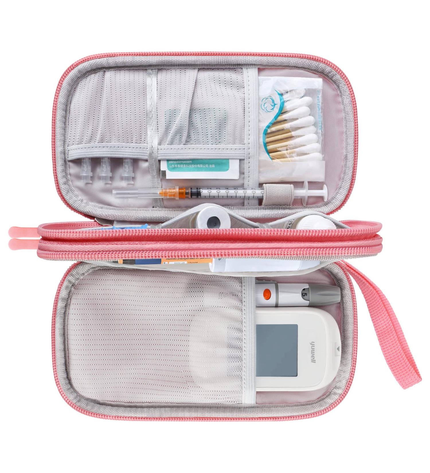 Elonbo Diabetic Supplies Storage Bag - Portable Glucose Meter Carrying Case for Insulin Pen, Test Strips, Lancets, Syringe - Travel Organizer with Small Ice Pack, Pink - Buy Online on GoSupps.com