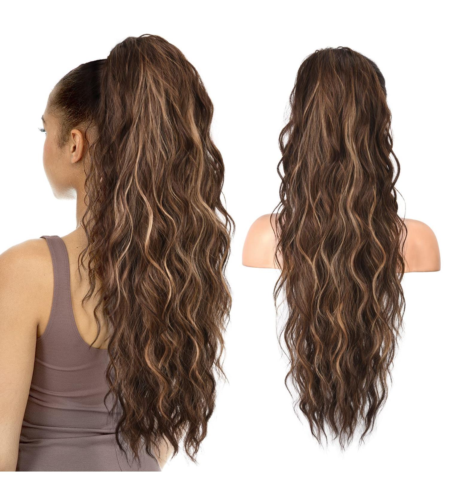 SEIKEA 26 Curly Wavy Clip in Hair Extension Ponytail - Chocolate Brown with Blonde Highlights - 26 Inch - Synthetic Hairpiece for Women - Buy Online on GoSupps.com