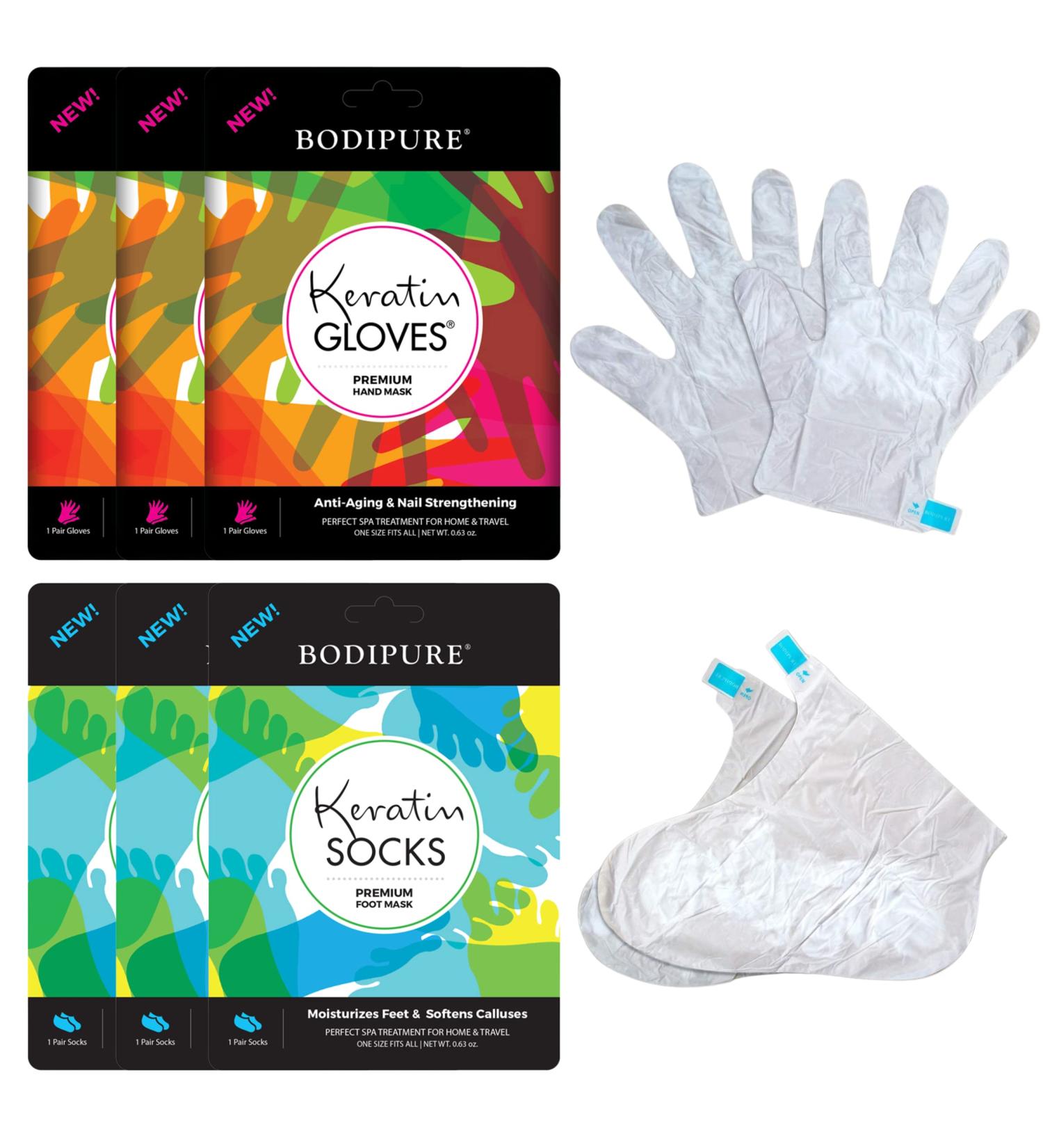 BODIPURE Premium Keratin Gloves & Socks - Hydrating Dull Dry Hands, Cracked Heels, Softens Calluses, Strengthens Nails, Brightens & Nourishes Skin - 3+3 Pack - Buy Online on GoSupps.com