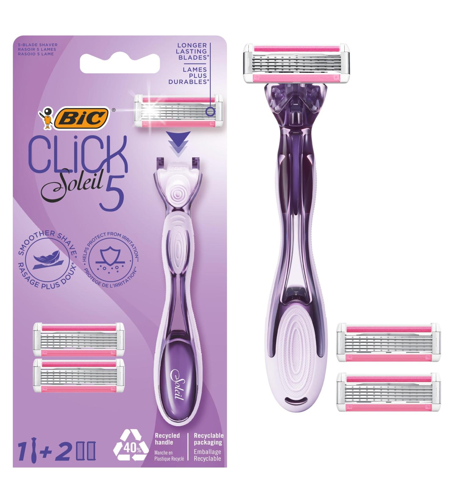 BIC Click 5 Soleil Rechargeable Razor (5 Blades and Pivoting Head) - 1 Razor + 2 Refills - Buy Online on GoSupps.com