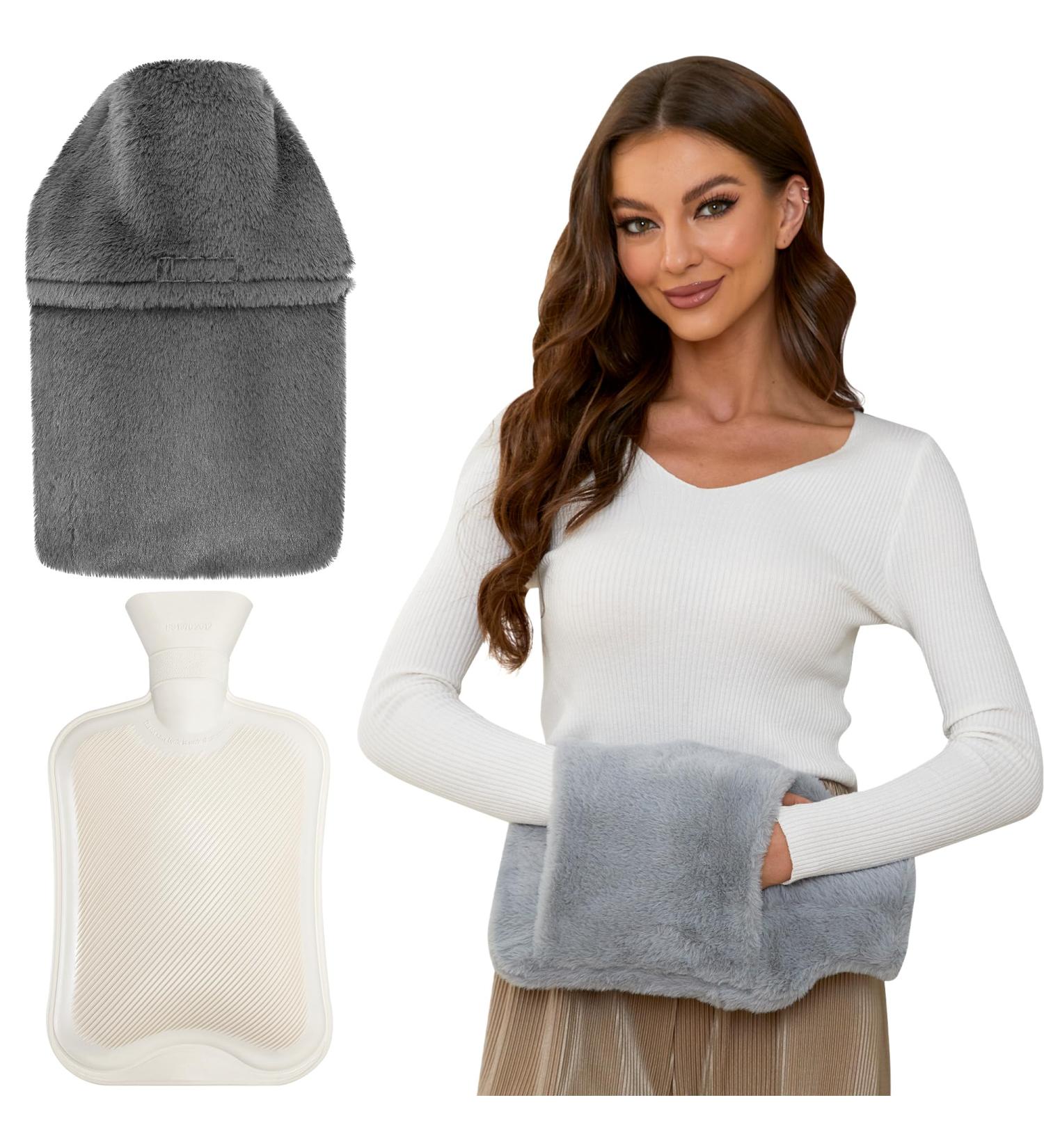 2L Large Hot Water Bottle with Soft Fleece Cover and Hand Pocket - Grey, for Pain Relief and Comfort - Buy Online on GoSupps.com