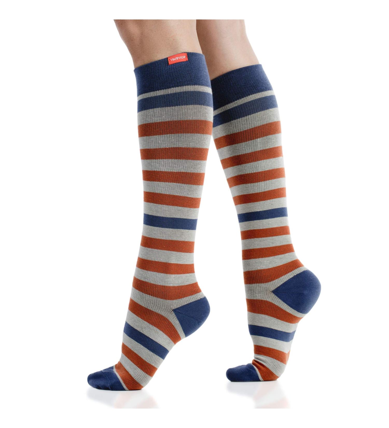 VIM & VIGR Cotton Compression Socks 15-20 mmHg for Men & Women - Oat & Orange Stripe - Small/Medium Wide Calf - Buy Online on GoSupps.com