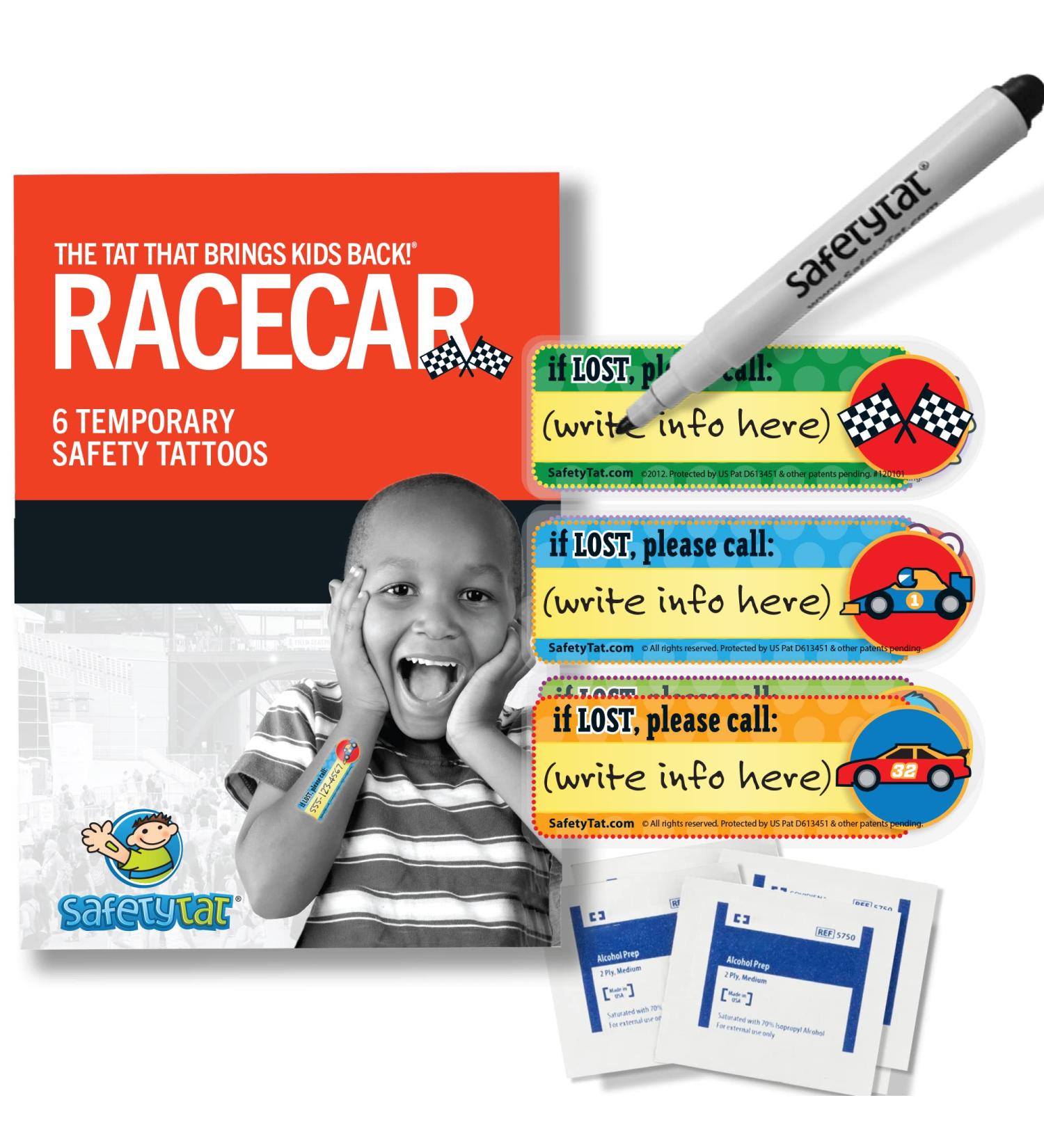 Racecar 6pk SafetyTat Child ID Tattoos with Skin Prep Wipes & Tattoo Pen - Fun & Safe ID Solution - Buy Online on GoSupps.com
