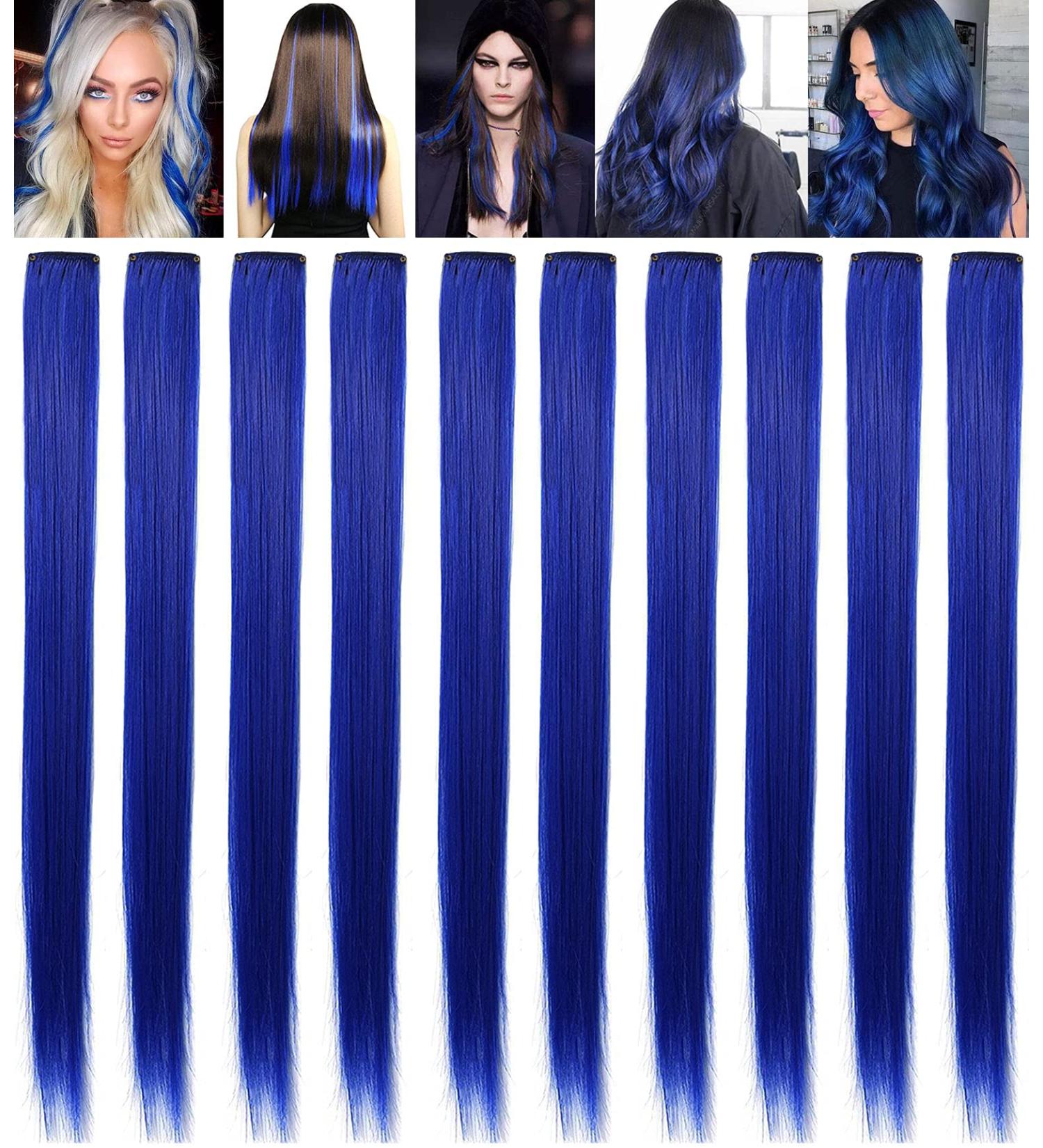 LSKJMO 10PCS Blue Clip-in Hair Extensions | Colorful Synthetic Highlights for Women & Girls | Perfect for Parties & Wig Styles - Buy Online on GoSupps.com