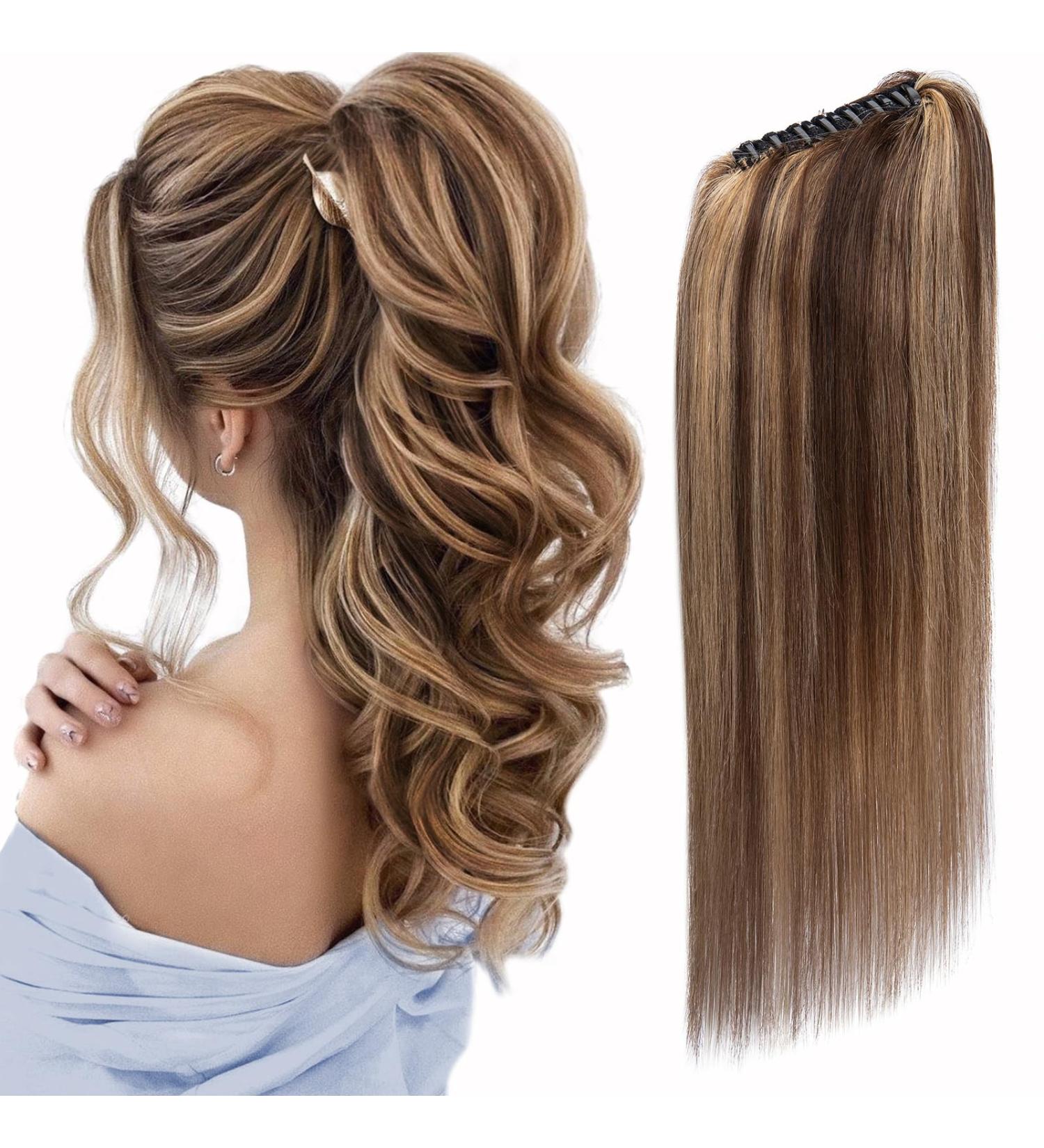 SEGOHAIR Claw Clip Ponytail Hair Extensions Human Hair 22 Inch Ponytail Extension Natural Real Hair Straight Remy Hair Extensions-Dark Chocolate Brown with Strawberry Honev Blonde(130g) - Buy Online on GoSupps.com