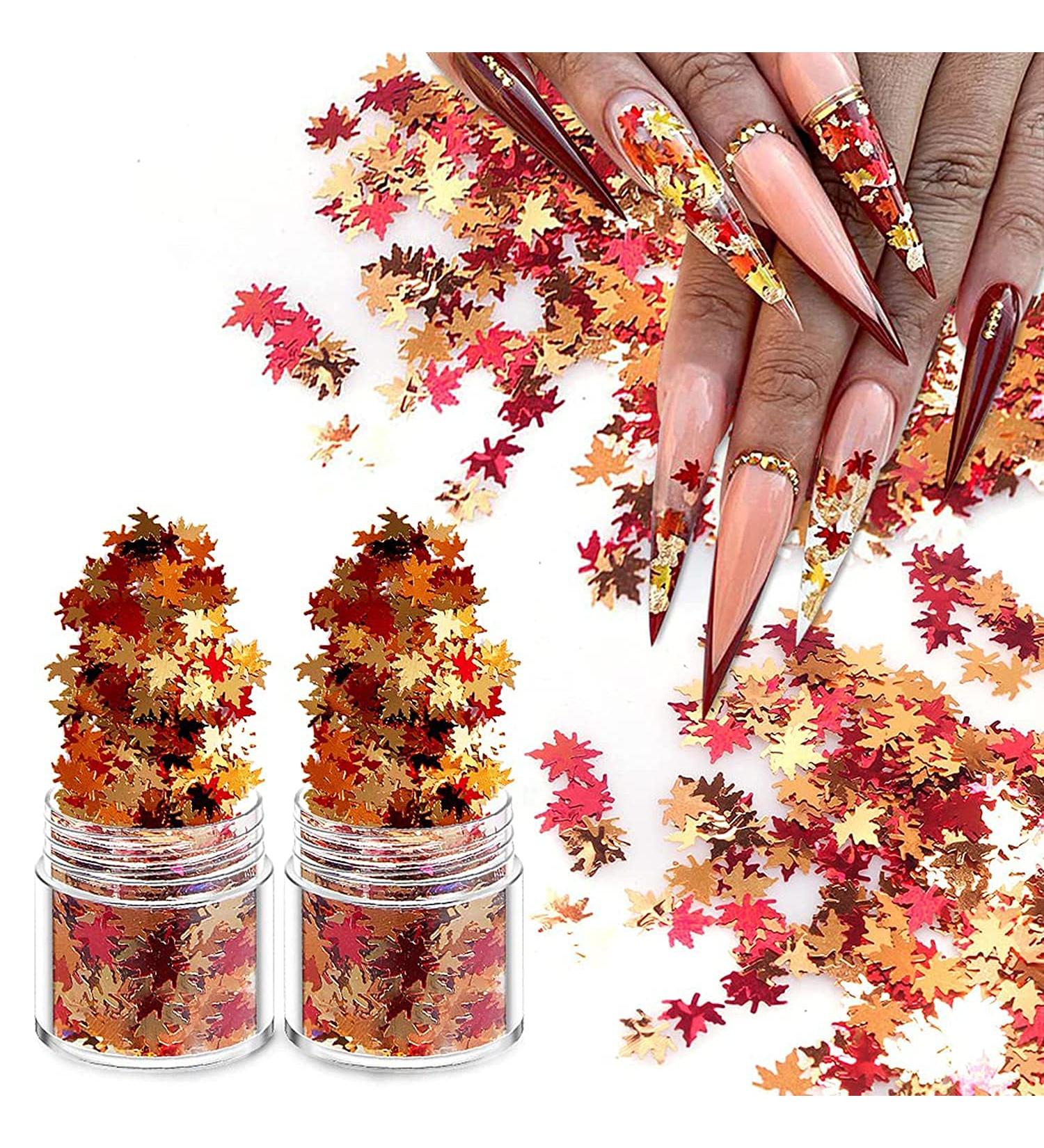 Maple Leaf Flake Glitter Nail Art Kit - 20g Metallic 3D Confetti for Fall Manicures - Red Yellow Orange Mix Design - Maple Spangles for Women and Girls (2 Pots) - Buy Online on GoSupps.com