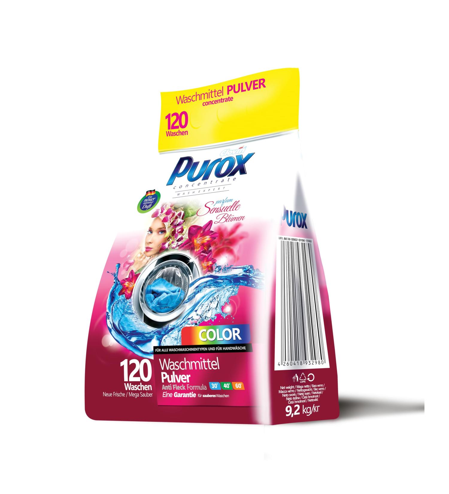 PUROX COLOR SENSUELLE FLEURS Washing Powder (120 Washes) for colored textiles 9.2 kg bag - Buy Online on GoSupps.com