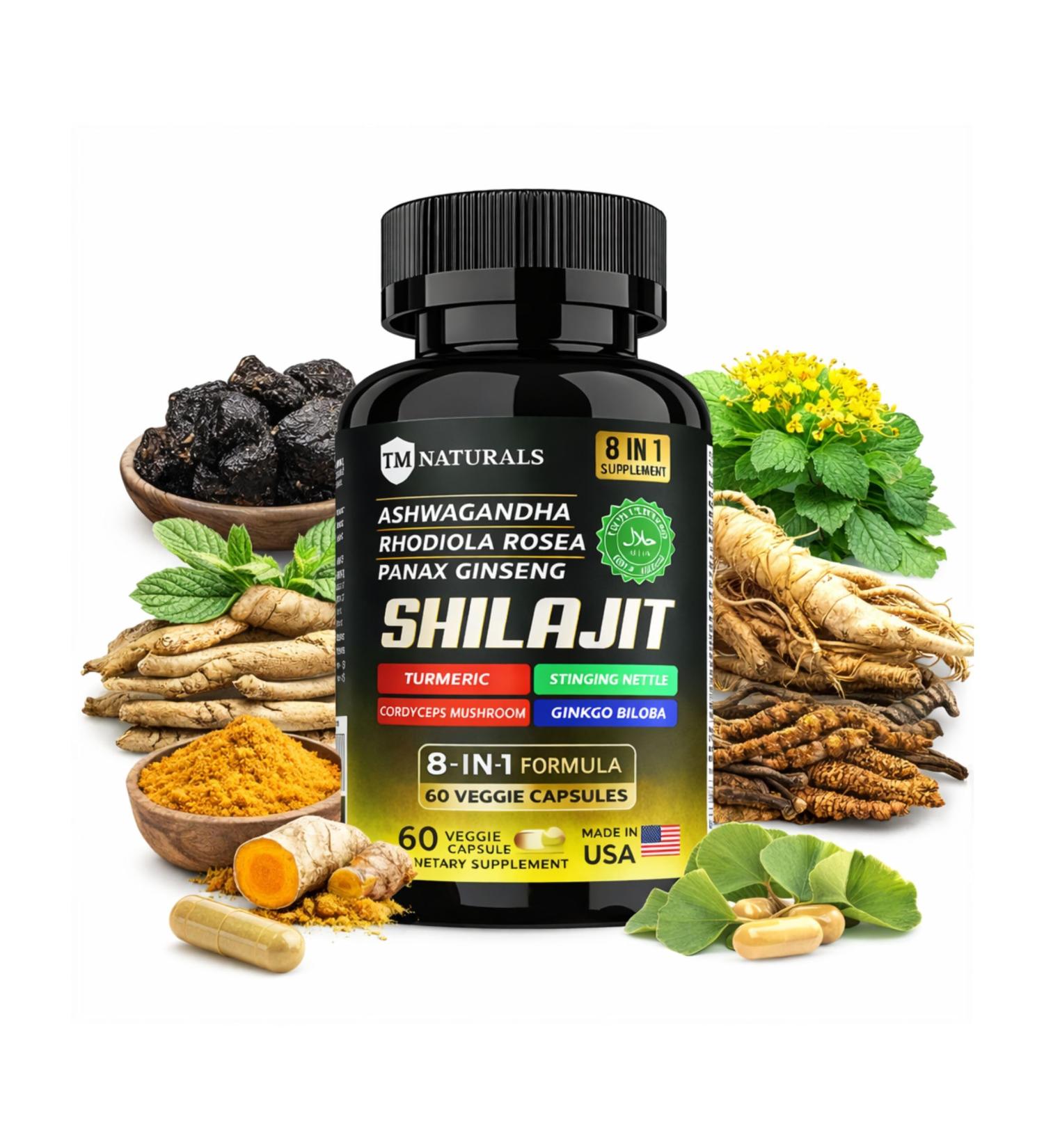 Shilajit Capsules Extra Strength | Himalayan Shilajit with Ashwagandha Rhodiola & Panax Ginseng | 8-in-1 Fulvic Acid Mineral Complex | Energy & Vitality Support | 60 Veggie Capsules - Buy Online on GoSupps.com