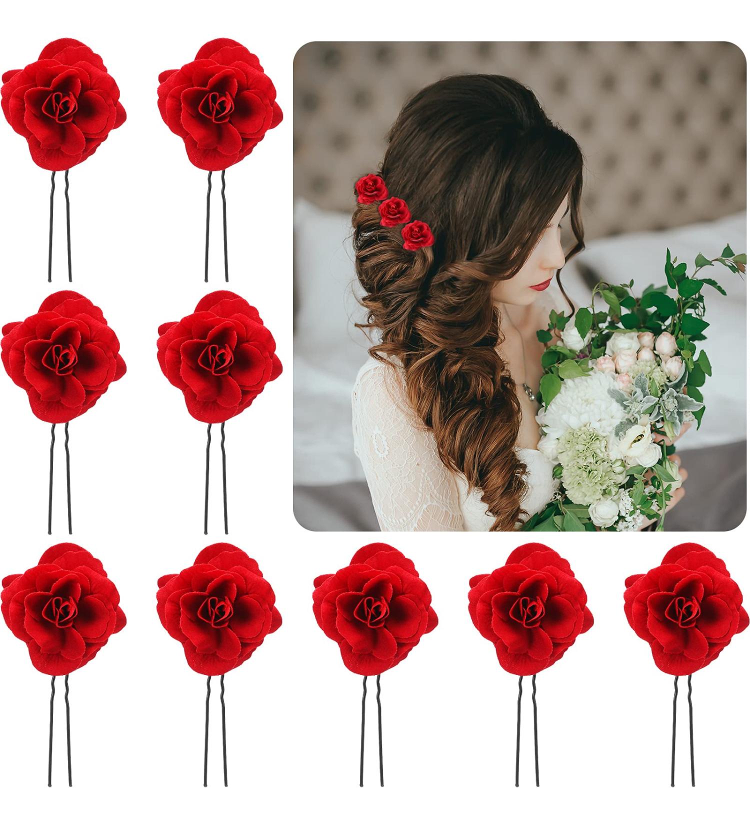 Halloween Rose Flower Hair Clips - 9 Piece Set for Women and Girls | Bridal Hair Pins for Wedding & Halloween Party - Red - Buy Online on GoSupps.com