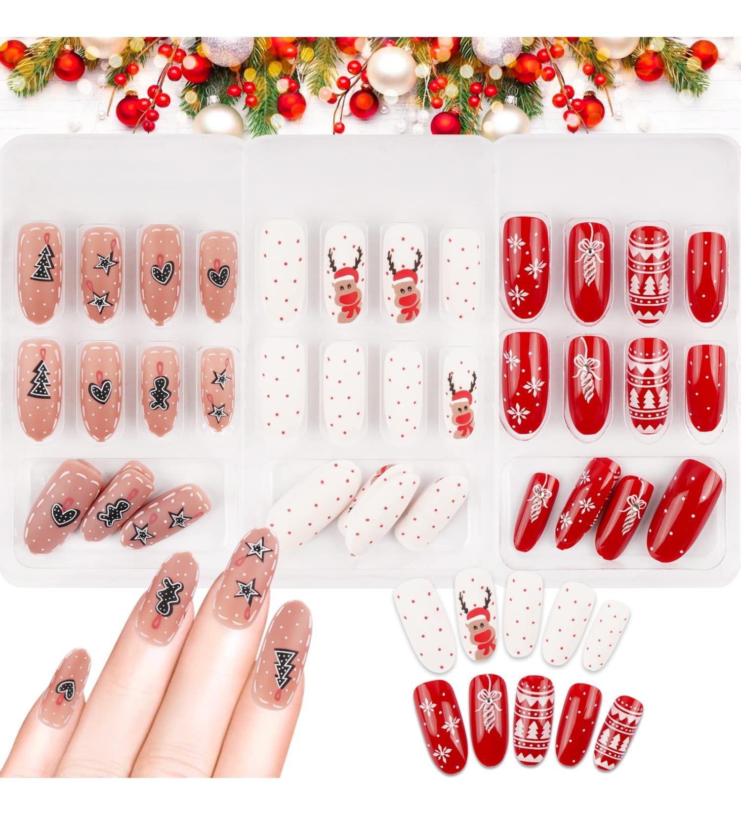72 Piece Long Christmas False Nails | Press on Coffin Nails for Women | Festive Snowflake & Star Nail Decorations | Elk & Christmas Tree Design - Buy Online on GoSupps.com
