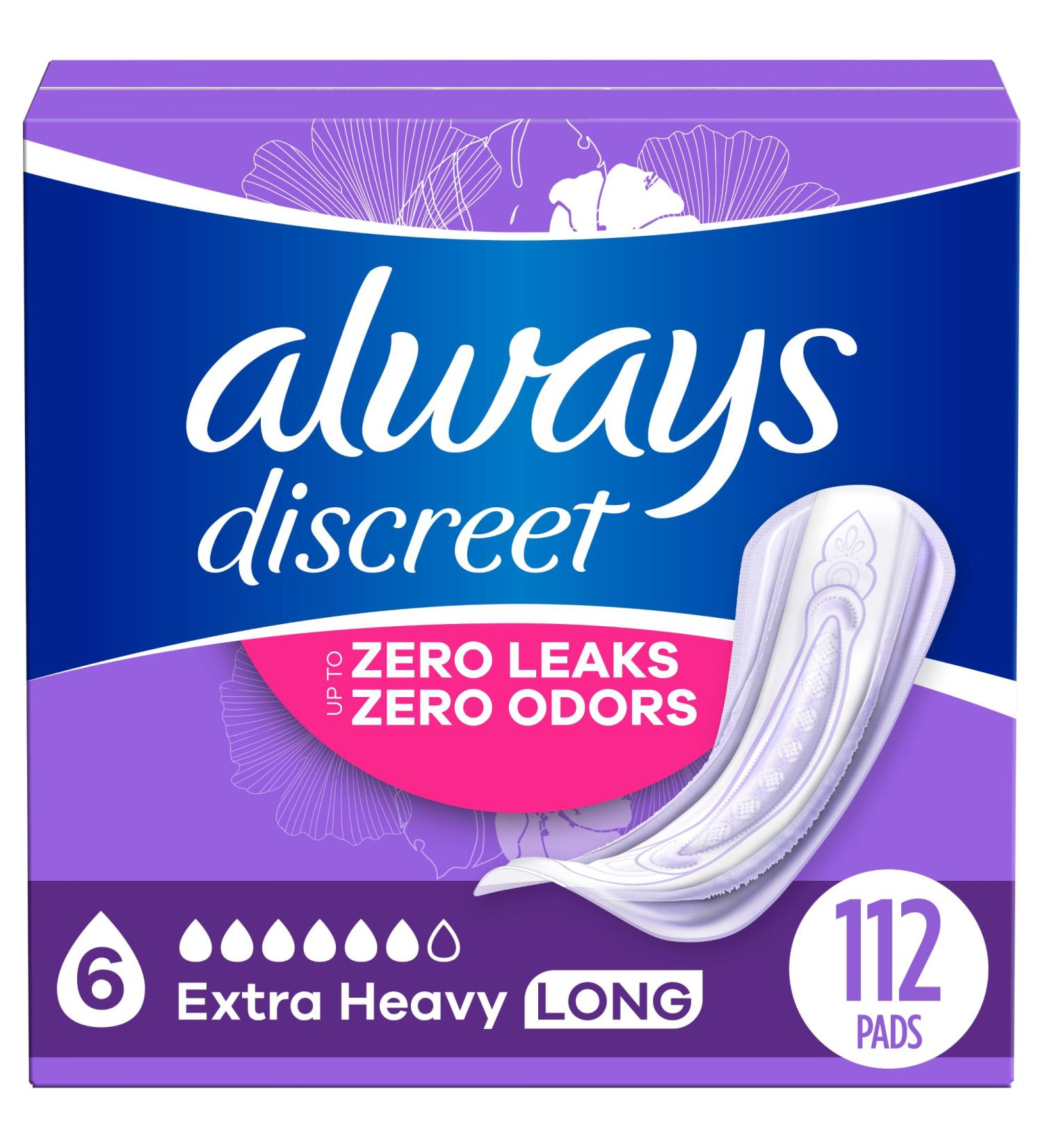 Always Discreet Adult Incontinence Pads for Women | Extra Heavy Absorbency | Long Length Postpartum Pads | 112 CT - International Shipping Available - Buy Online on GoSupps.com