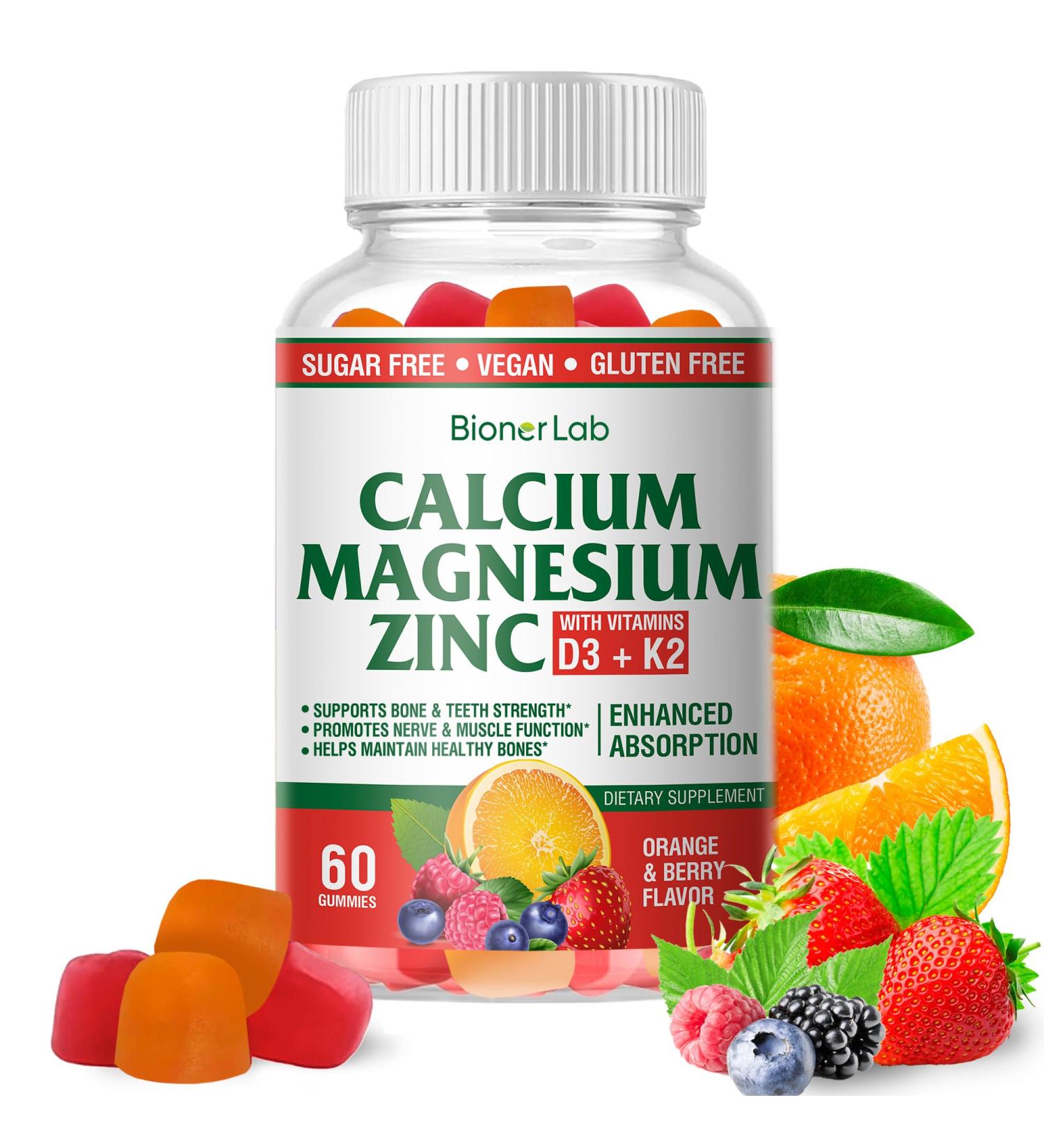 BionerLab Calcium Magnesium Zinc Gummies with Vitamin D3 & K2 - High Potency Enhanced Absorption - Orange and Berry Flavored 60 Count (Pack of 1) - Buy Online on GoSupps.com