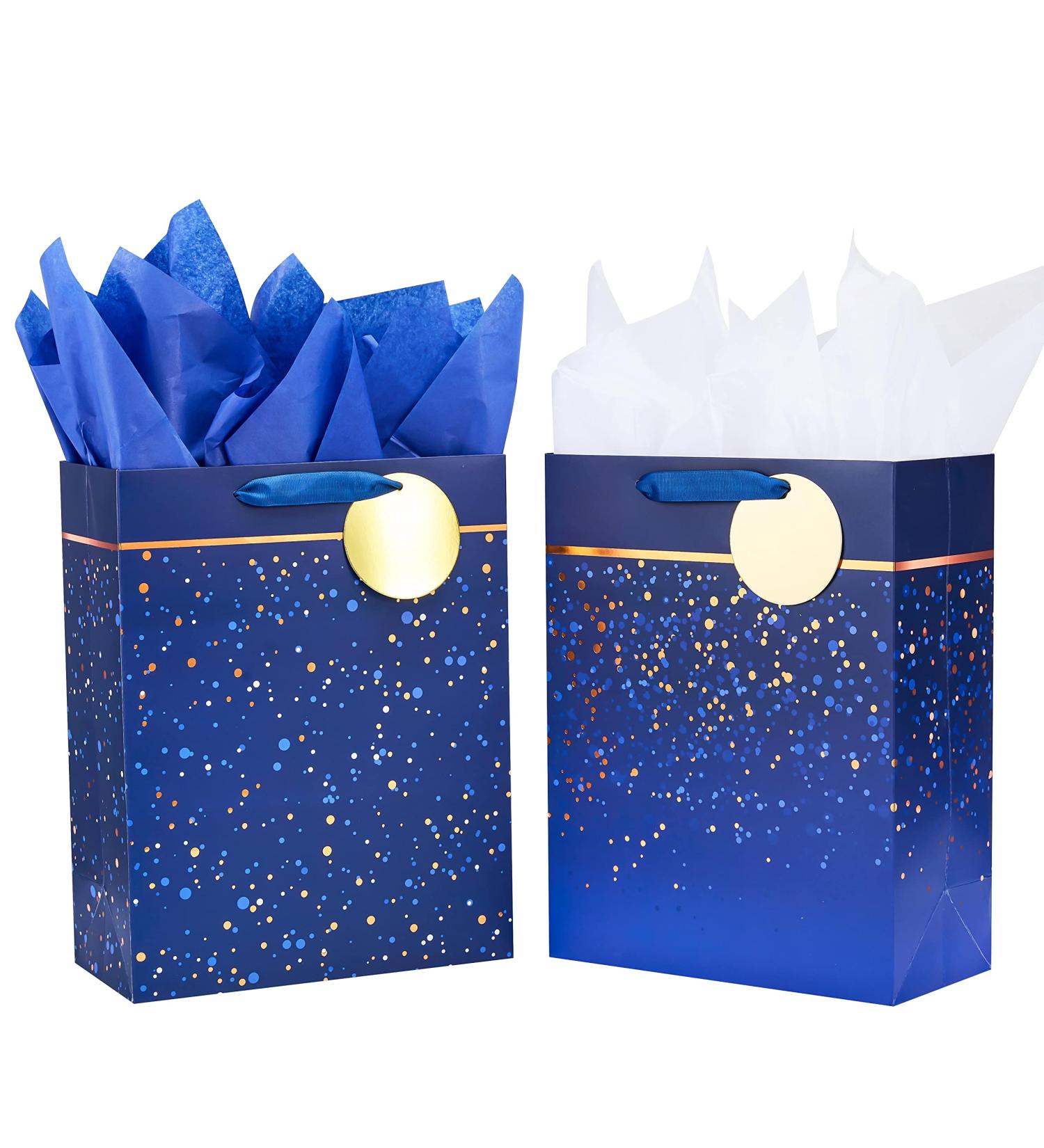 SUNCOLOR 2 Pack 13" Large Gift Bags for Fathers Day Birthdays Day Gift Bags With Tissue Paper Blue White - Buy Online on GoSupps.com