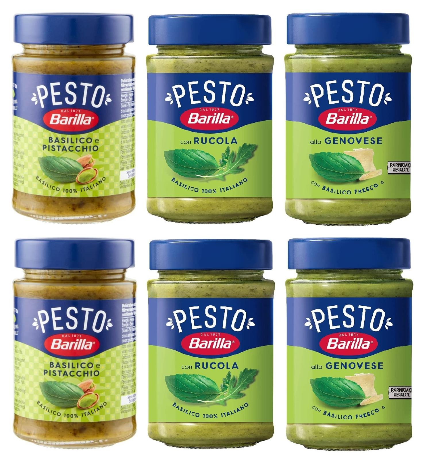 Testpakket Barilla green 2x Basil and Rocket Pesto 2x Genoese Pesto 2x Pistachio Pesto Basil and Pistachio Pesto Pesto met basilicum and pistachenoten 6 x 190 g - Buy Online on GoSupps.com