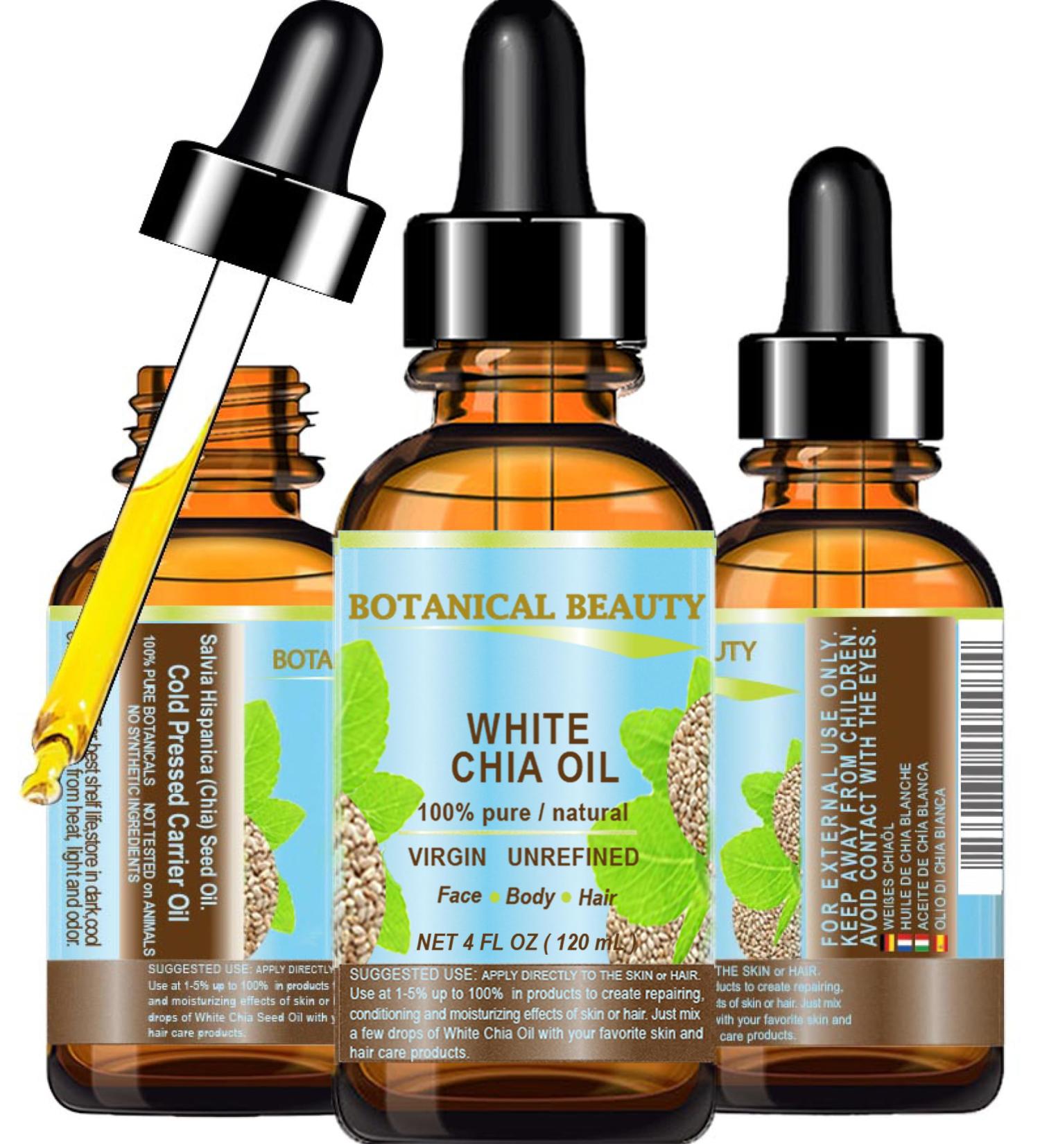 Botanical Beauty WHITE CHIA SEED OIL 100% Pure Natural Virgin Unrefined Cold-Pressed Carrier Oil 4 Fl Oz 120 ml for Face Skin Body Hair Lip Nails. Rich in vitamin E - Buy Online on GoSupps.com