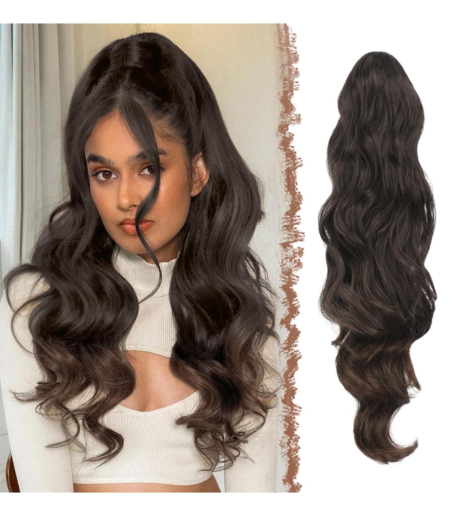 Feshfen 60cm Ponytail Hair Extension - Wavy Curly Synthetic Hairpiece for Women | Black to Brown Gradient - Buy Online on GoSupps.com