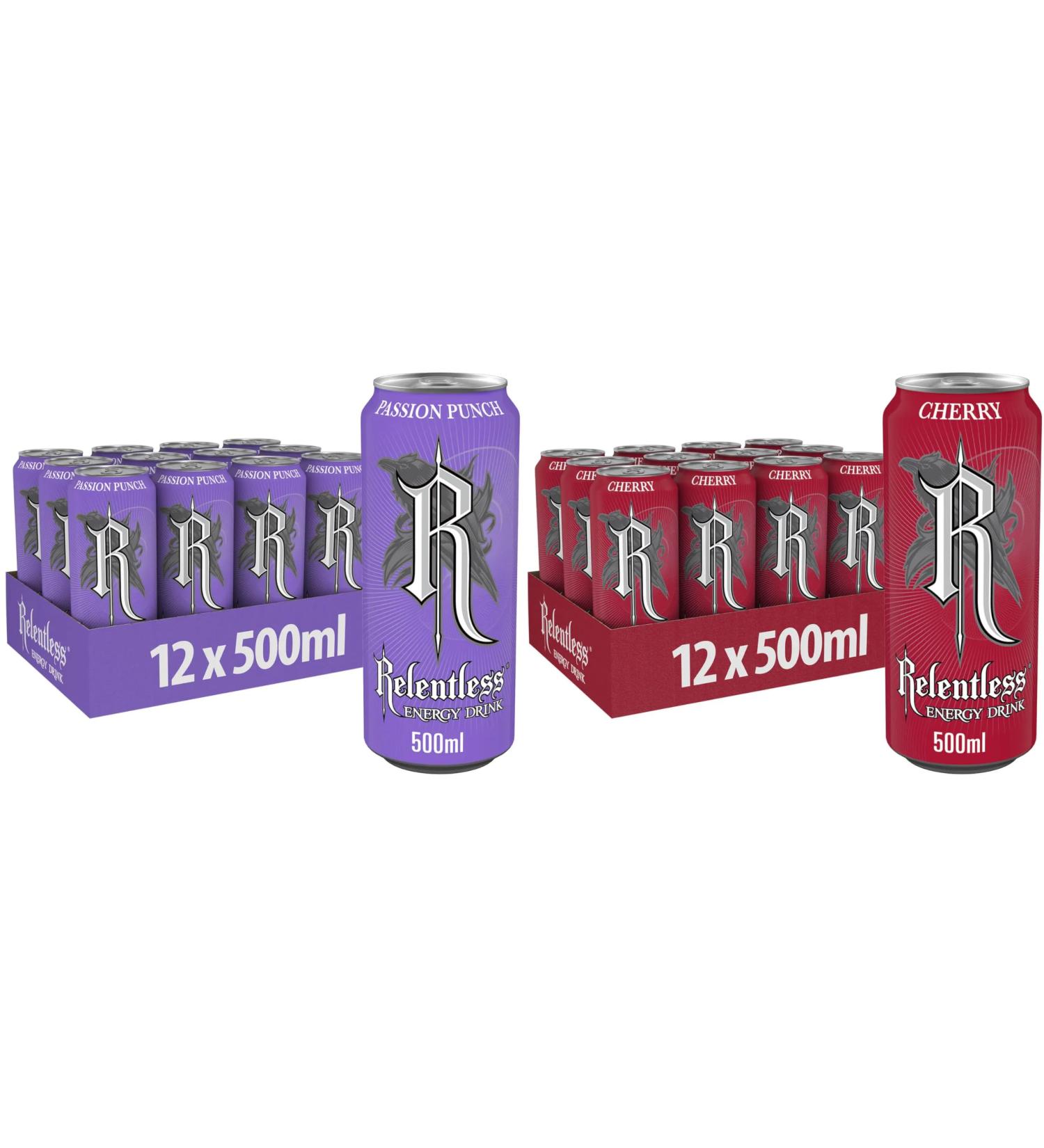 Relentless Energy Drinks 24 Pack 500ml 12 Cans of Passion Punch & 12 Cans of Cherry - By Shop 4 Less