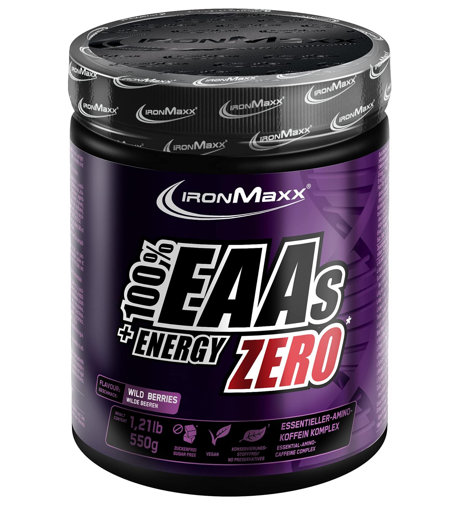 Ironmaxx 100% EAAS + Energy Zero - Wild Berries 500g | Vegan EAA Powder Sugar-Free All 8 Essential Amino Acids | Fruity Taste No Preservatives - Buy Online on GoSupps.com