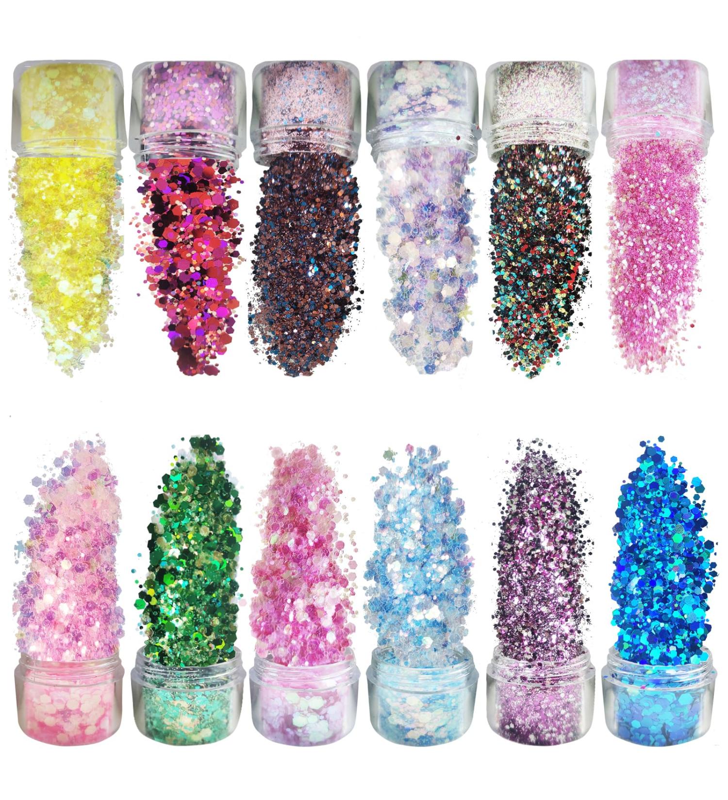 12 Color Festival Glitter Face & Body Set | Nail Art & Hair Decoration | Feminine Makeup Sequins & Accessories - Buy Online on GoSupps.com